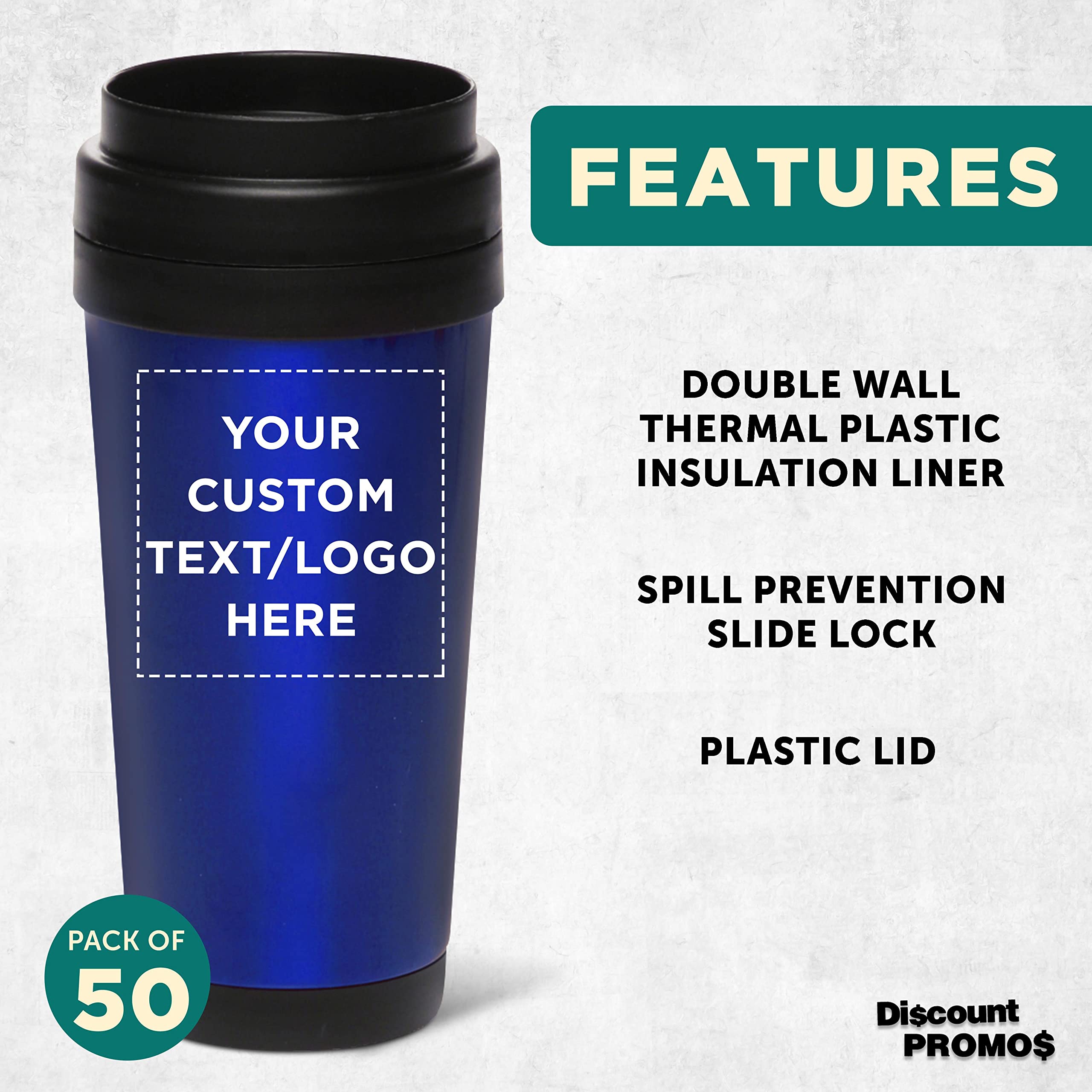 Custom Insulated Stainless Steel Travel Mugs 16 oz (50-Pack) - Personalized Bulk Coffee Cups for Hot & Cold Beverages - Perfect for Office, Events, Gifts & Daily Use - Reusable Blue Tumblers for Iced Coffee, Tea, Soda & More