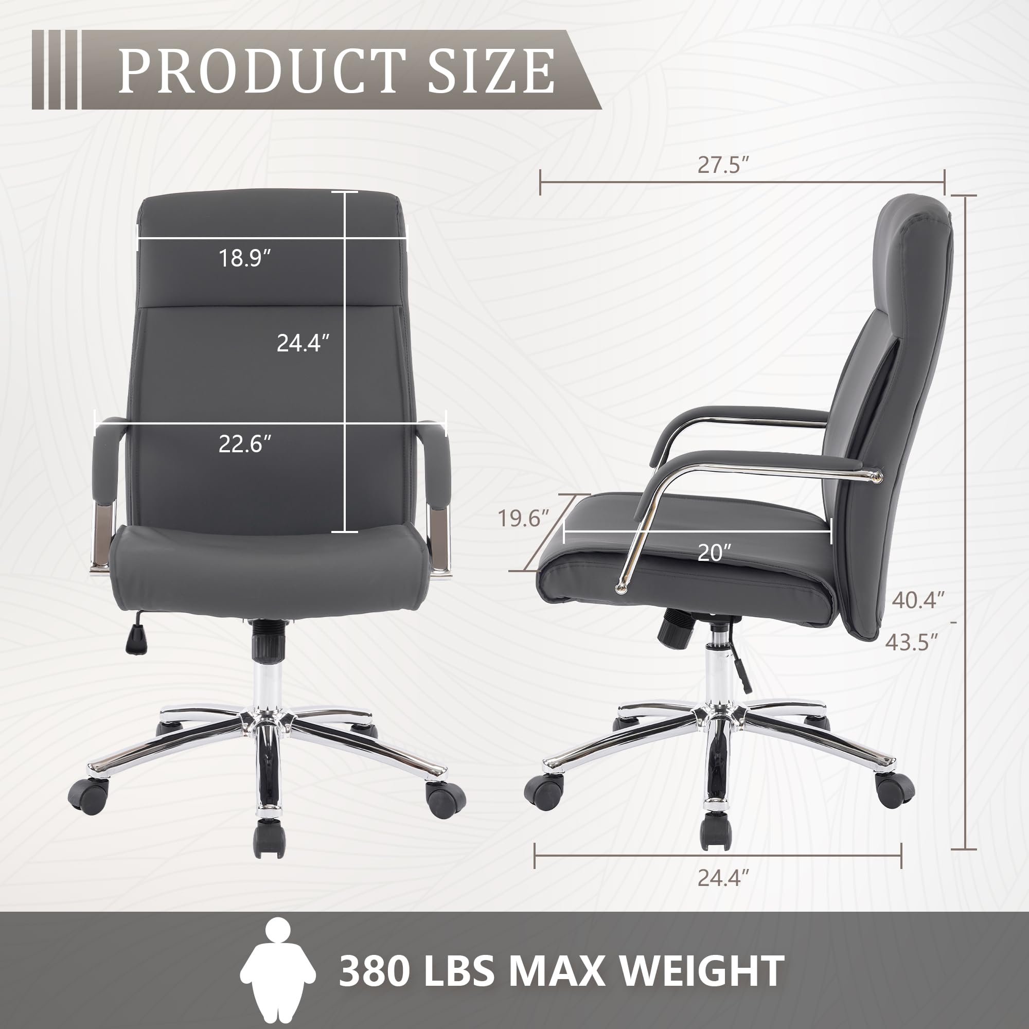 Ergonomic High Back Executive Office Chair with Adjustable Armrests & Lumbar Support - Faux Leather Managerial Desk Chair with Rocking Function (Grey) - Perfect for Home Office, Conference Rooms & Workspaces