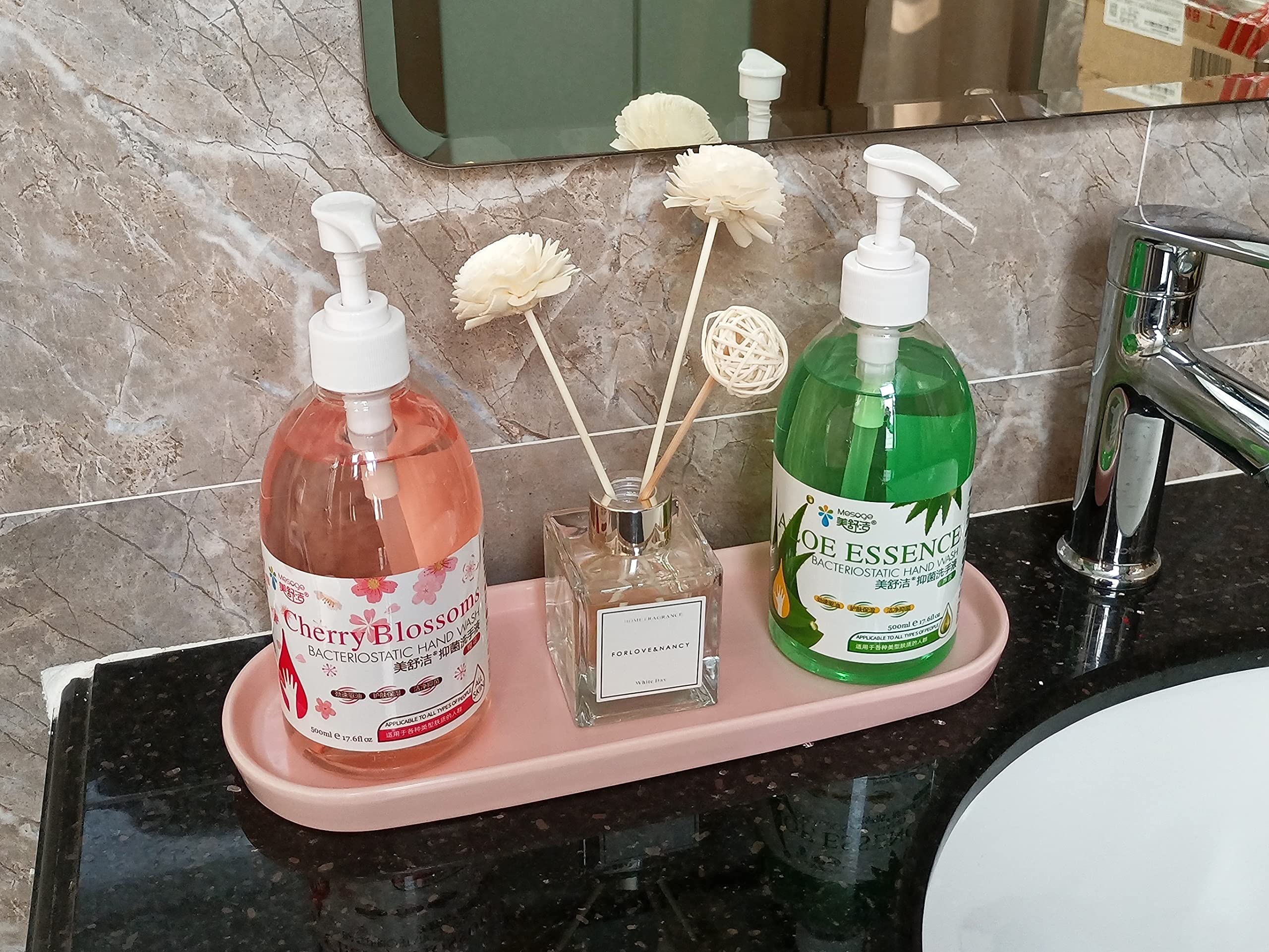 Ceramic Sink Organizer Tray - Bathroom Countertop & Bathtub Tray for Cosmetics, Candles, Perfume, Shampoo & Soap - Minimalist Pink Decor for Bathroom, Kitchen & Vanity Organization