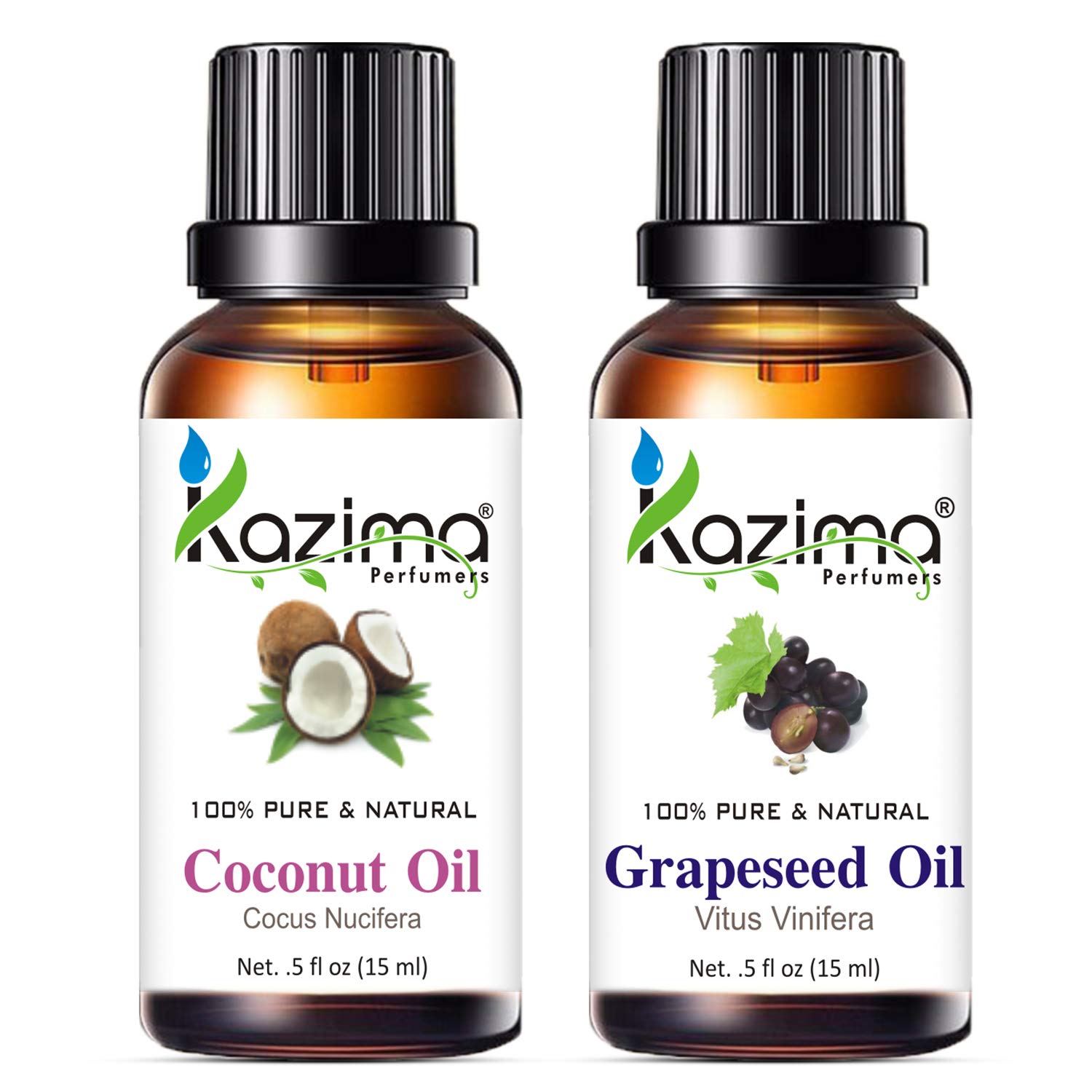 KAZIMA 100% Pure Cold Pressed Coconut Oil & Grapeseed Oil Combo - Natural Carrier Oils for Acne Treatment, Scalp Moisturizer, Dandruff Control, Hair Growth & Skin Care (15ml Each) - Perfect for DIY Beauty, Massage & Aromatherapy
