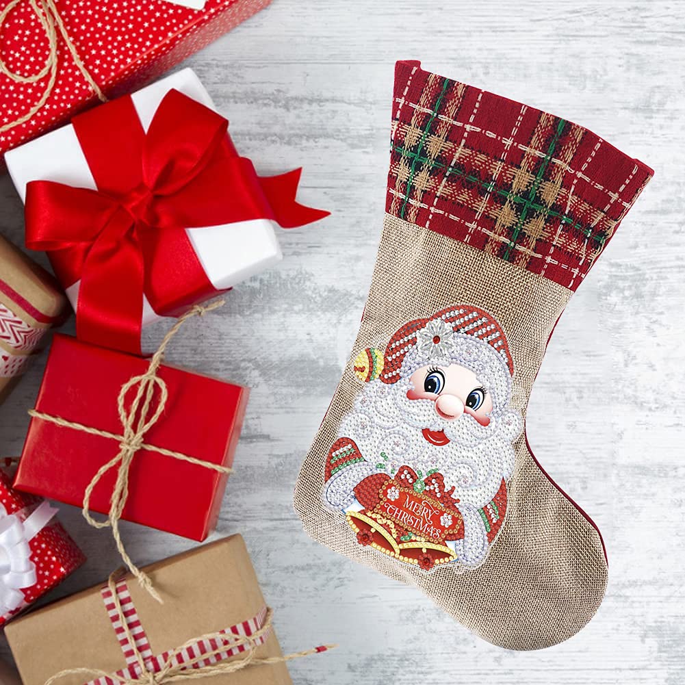 5D Diamond Painting Christmas Stockings Kit - 14 Inch DIY Santa Claus & Bell Xmas Stocking for Fireplace Decor, Holiday Party, Family Gift - Perfect for Christmas Tree, Home Decoration & Festive Season Celebrations