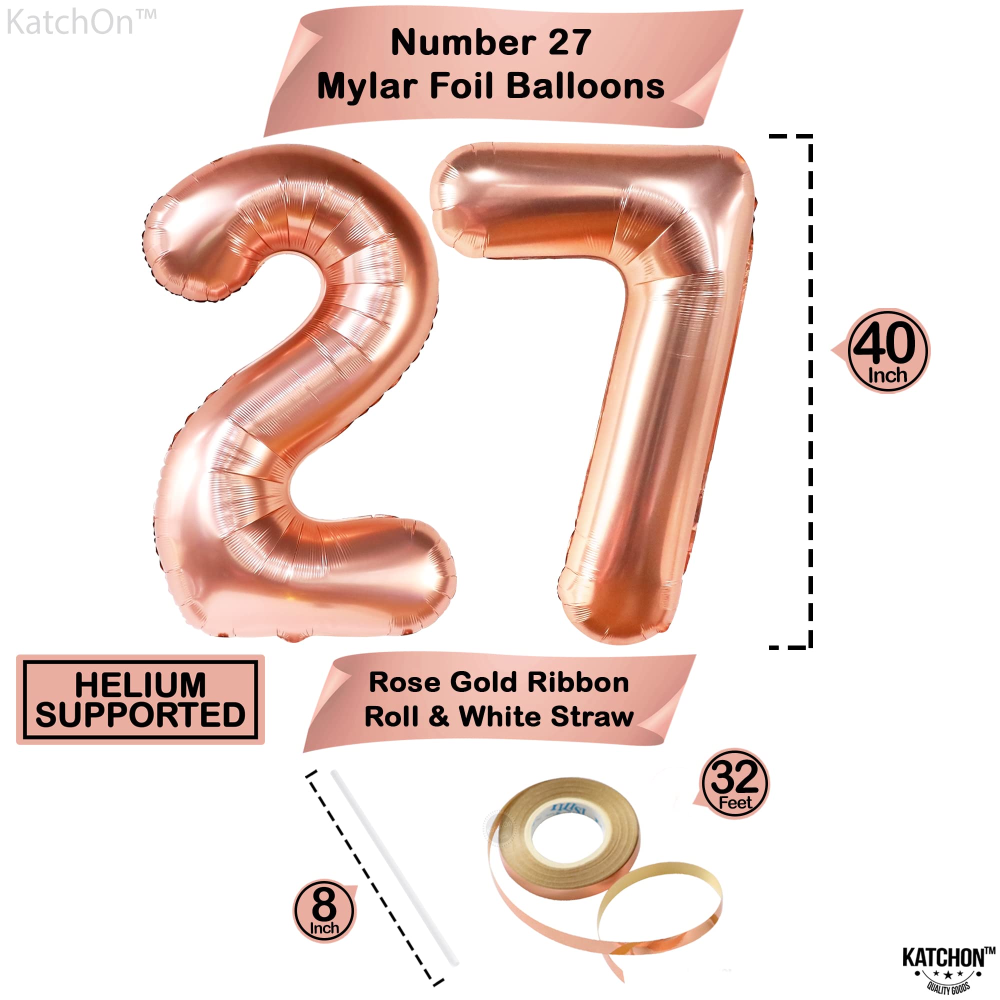 KatchOn 27 Rose Gold Giant Balloon Numbers - 40 Inch | Women's 27th Birthday Decorations & Party Supplies | Confetti Balloons Set for Birthday Celebration | Perfect for Milestone Birthdays, Anniversaries & Photo Backdrops