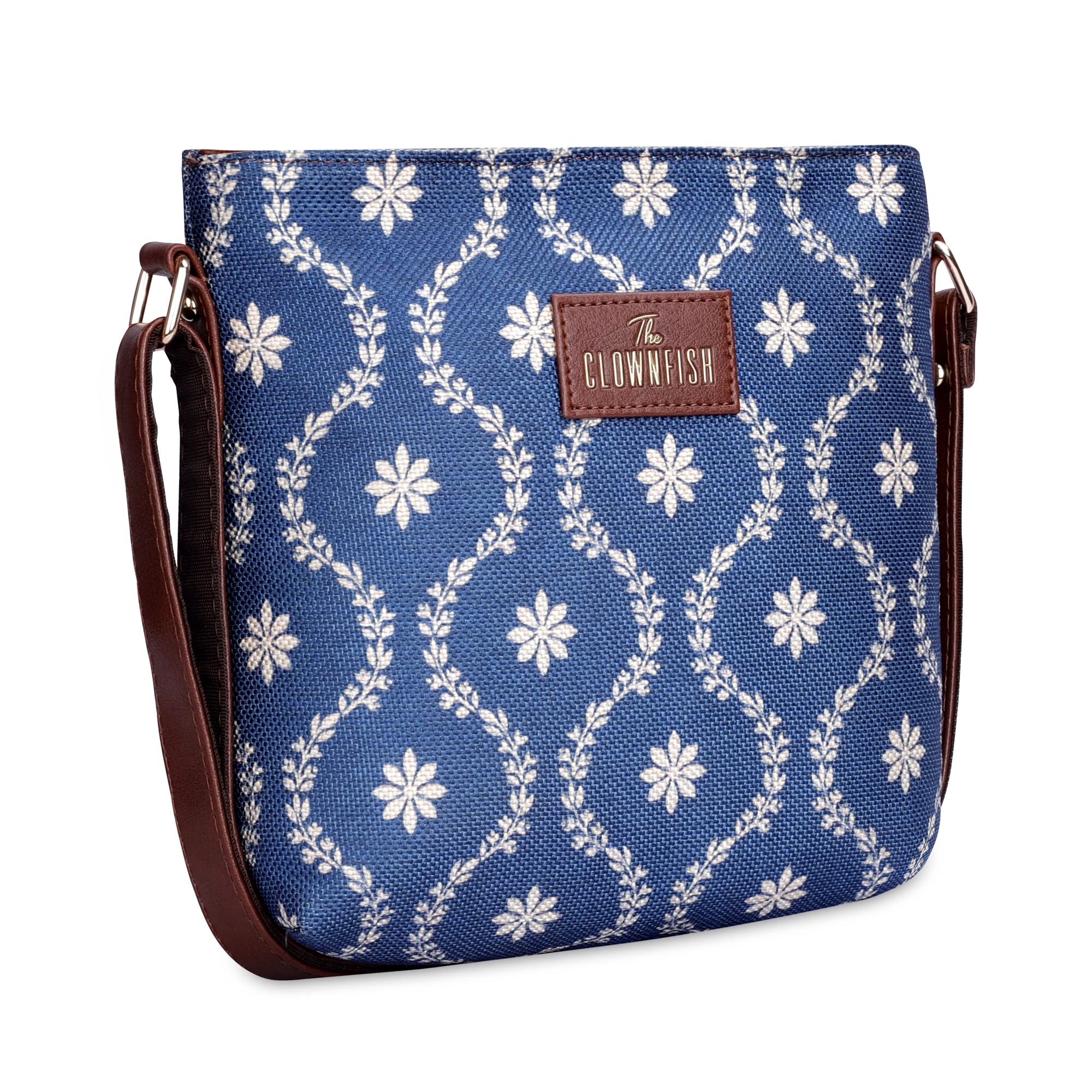 THE CLOWNFISH Aahna Printed Handicraft Fabric Crossbody Sling Bag for Women - Adjustable Shoulder Strap, Casual & Party Purse - Perfect for College Girls, Daily Use & Special Occasions (Royal Blue)