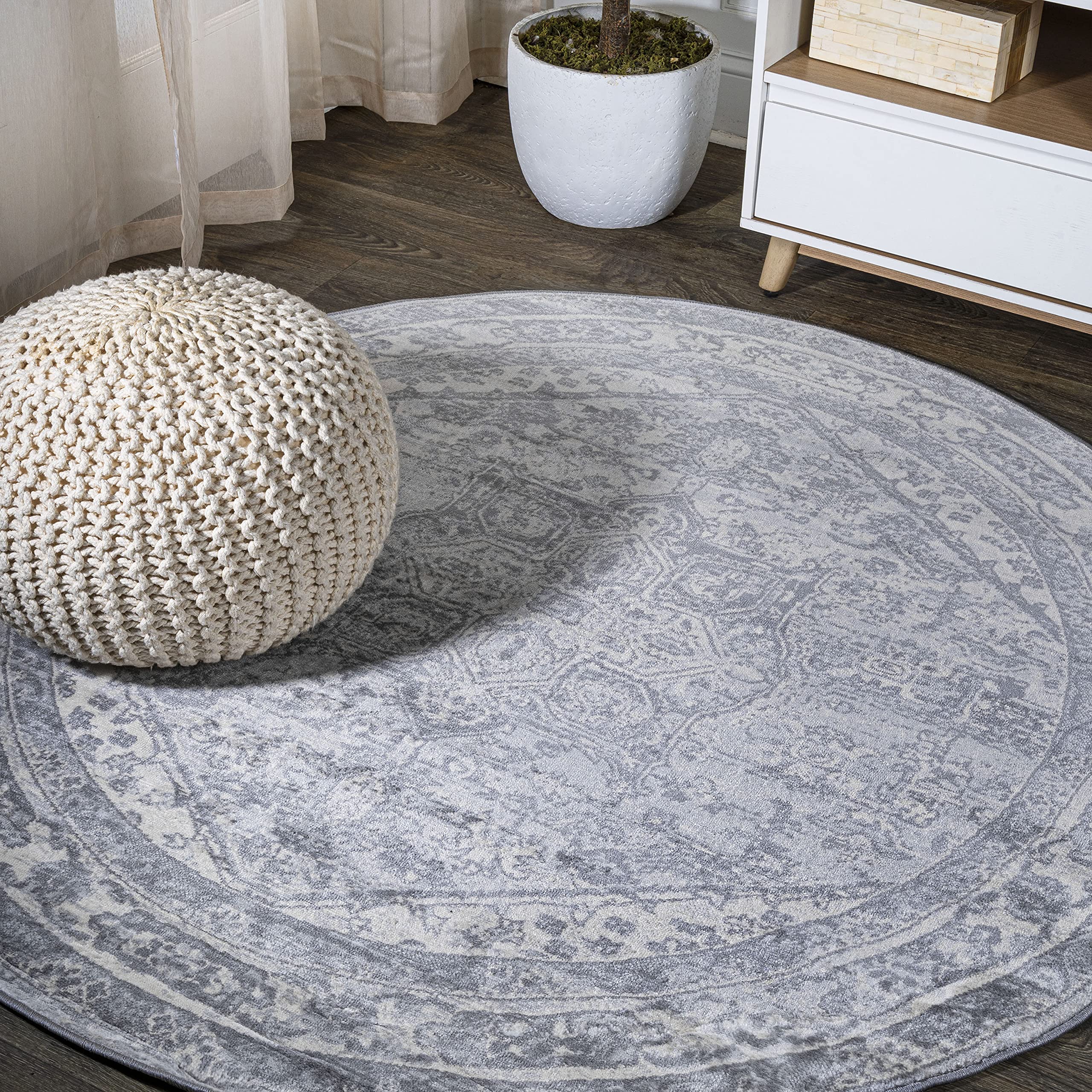 JONATHAN Y MDP106C-5R 5' Round Modern Vintage Medallion Traditional Indoor Area Rug - Non-Shedding, Easy-Cleaning Light Gray/Ivory - Perfect for Bedroom, Kitchen & Living Room Decor