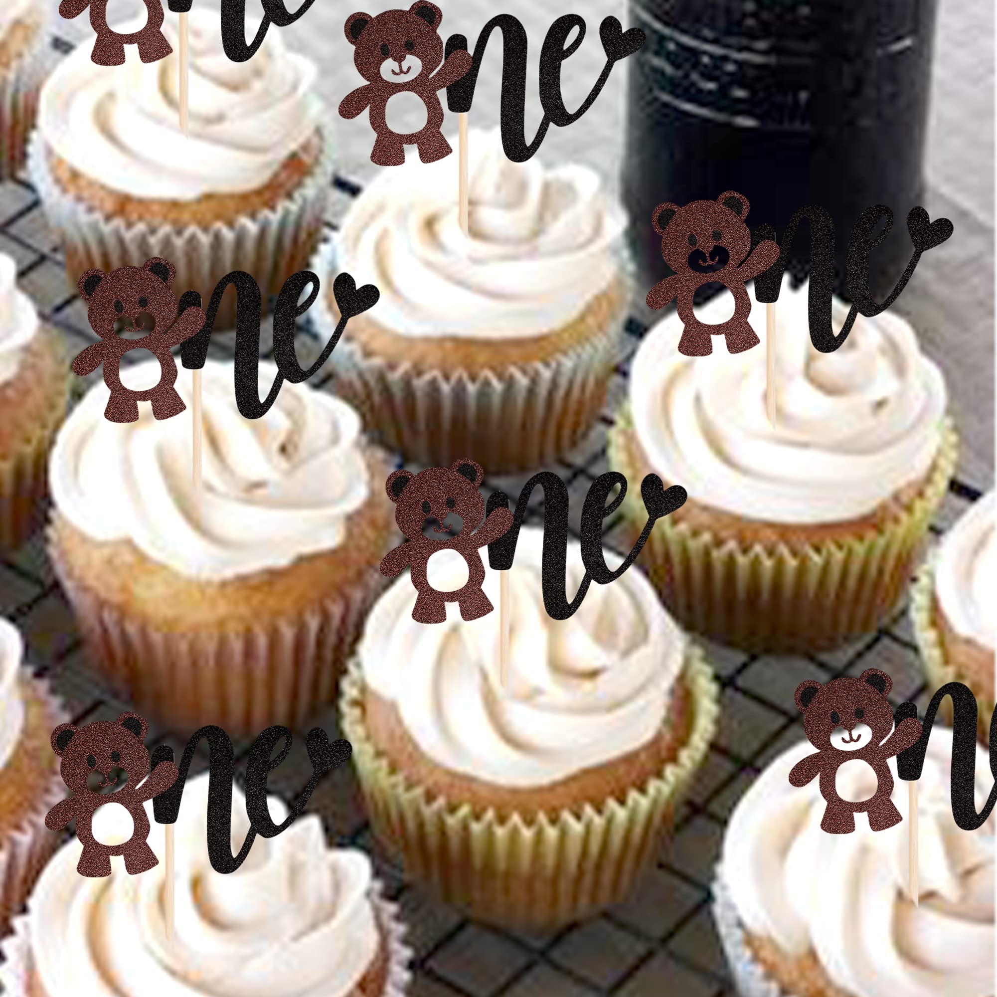 24 Pack Glitter Bear Cupcake Toppers - Baby First Birthday, Baby Shower Cake Decorations - 1st Birthday Party Supplies for Kids - Perfect for Birthday Cakes, Cupcakes, and Dessert Table Decorations