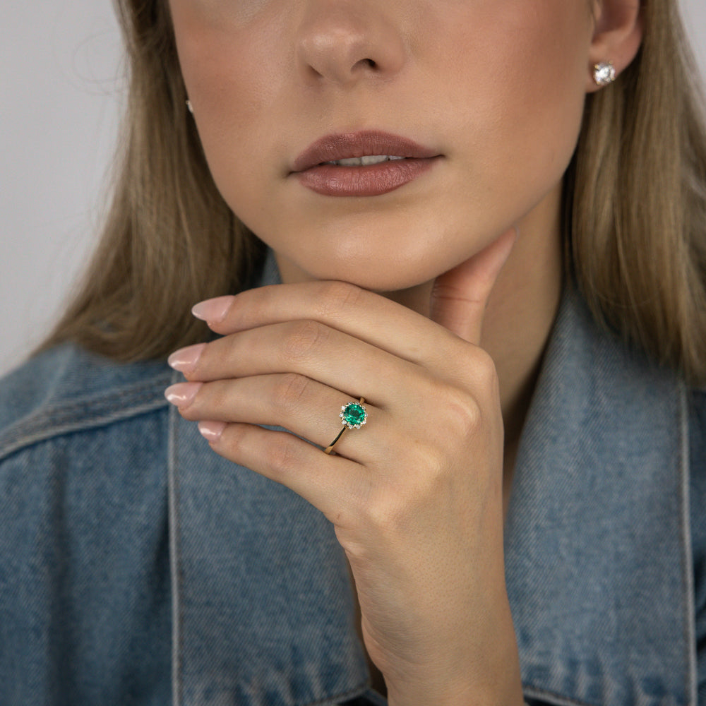 0.87 Carat Lab-Created Emerald & Diamond Ring in 9K Yellow Gold - Elegant Engagement, Anniversary Gift for Women