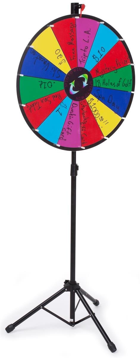 Displays2go 24-Inch Prize Wheel with Height Adjustable Floor Stand - 14 Prize Slots & Carrying Bag (PWFS24MC) - Perfect for Trade Shows, Carnival Games, and Corporate Events
