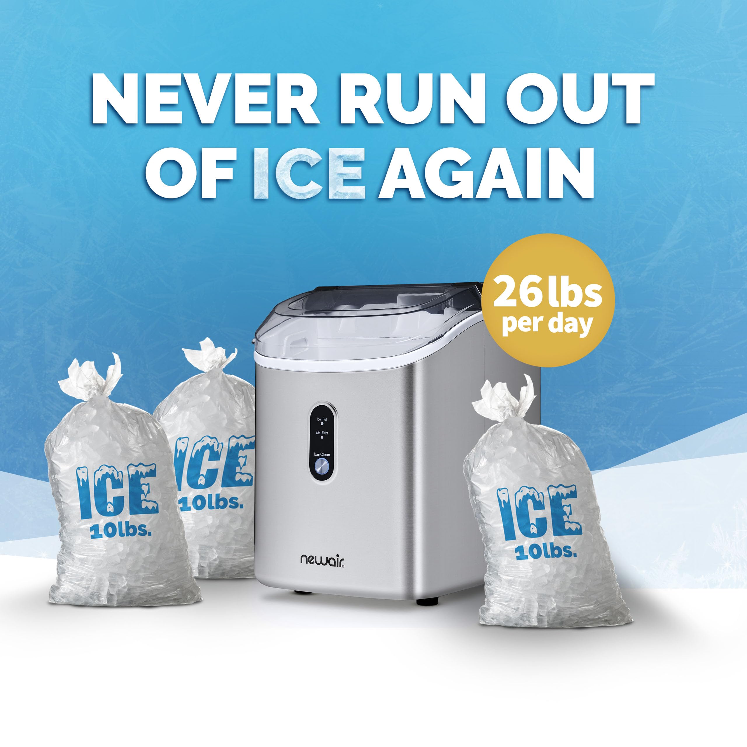 NewAir Nugget Countertop Ice Maker Machine - 26 lbs. Sonic Ice Maker with Self-Cleaning Function & Refillable Water Tank | Stainless Steel Portable Ice Machine for Home, Office, Kitchen, Coffee Bar, Parties & Outdoor Use