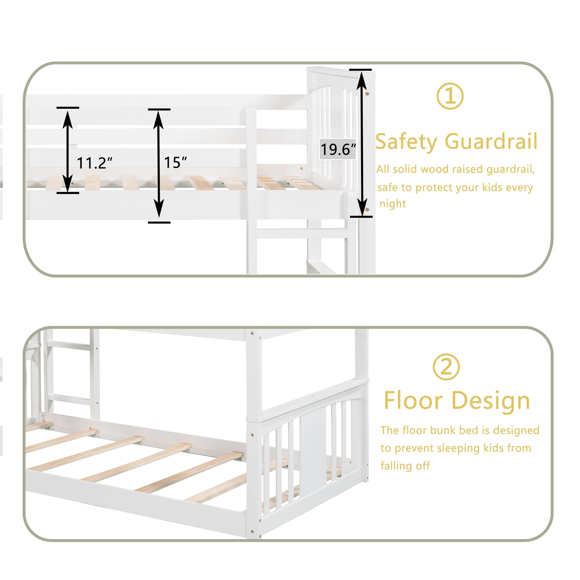Montessori Twin Over Twin Bunk Bed with Slide & Ladder - Low Profile Kids Bunk Bed with Safety Guardrail, Headboard & Footboard - White Space-Saving Bunk Bed for Boys & Girls - Perfect for Small Bedrooms, Playrooms & Shared Kids' Rooms