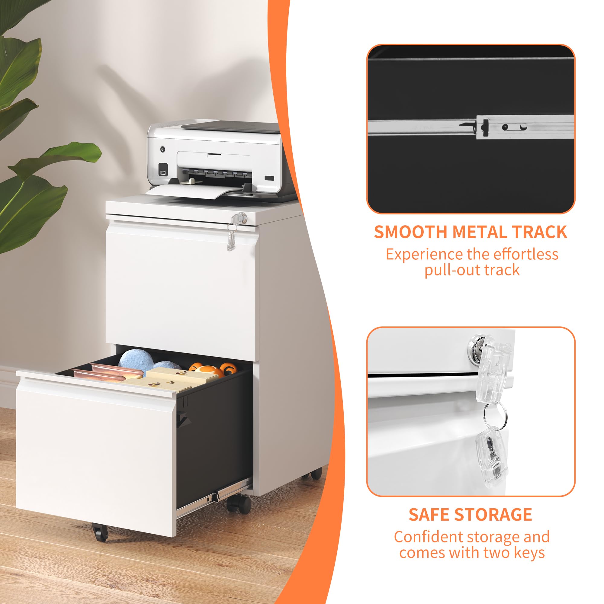 2-Drawer Mobile File Cabinet with Lock - Rolling Metal Office Storage Organizer for Home & Office - Fits Legal/Letter/A4 Documents - Fully Assembled - White - Perfect for Under Desk Storage & Document Organization