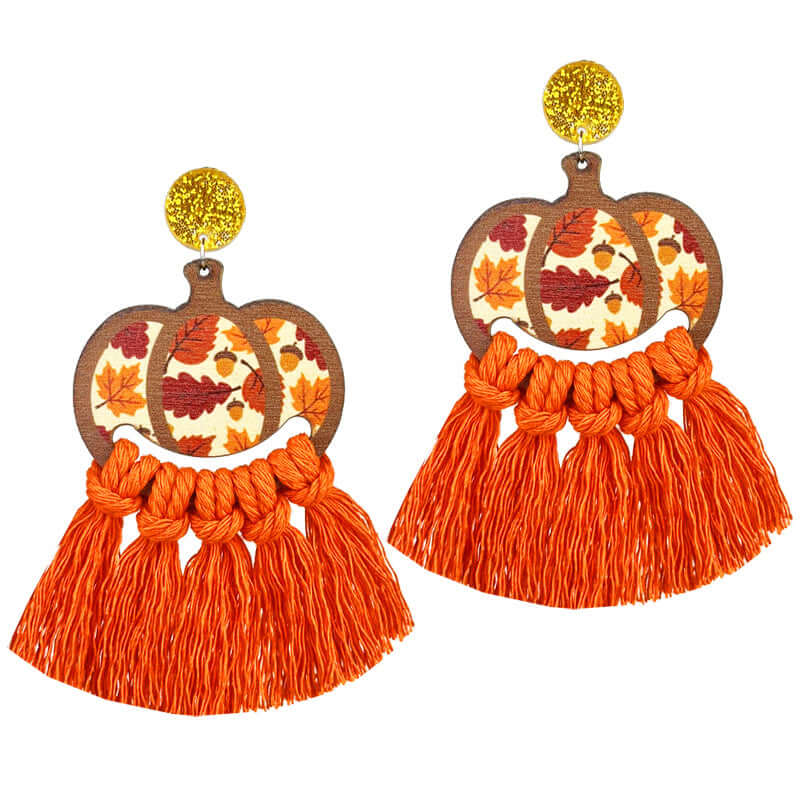 Thanksgiving Turkey Pumpkin Tassel Earrings for Women - Handmade Woven Fall Autumn Leaf Dangle Earrings | HY0910 | Perfect for Thanksgiving Party, Autumn Festival, Halloween Costume Accessories