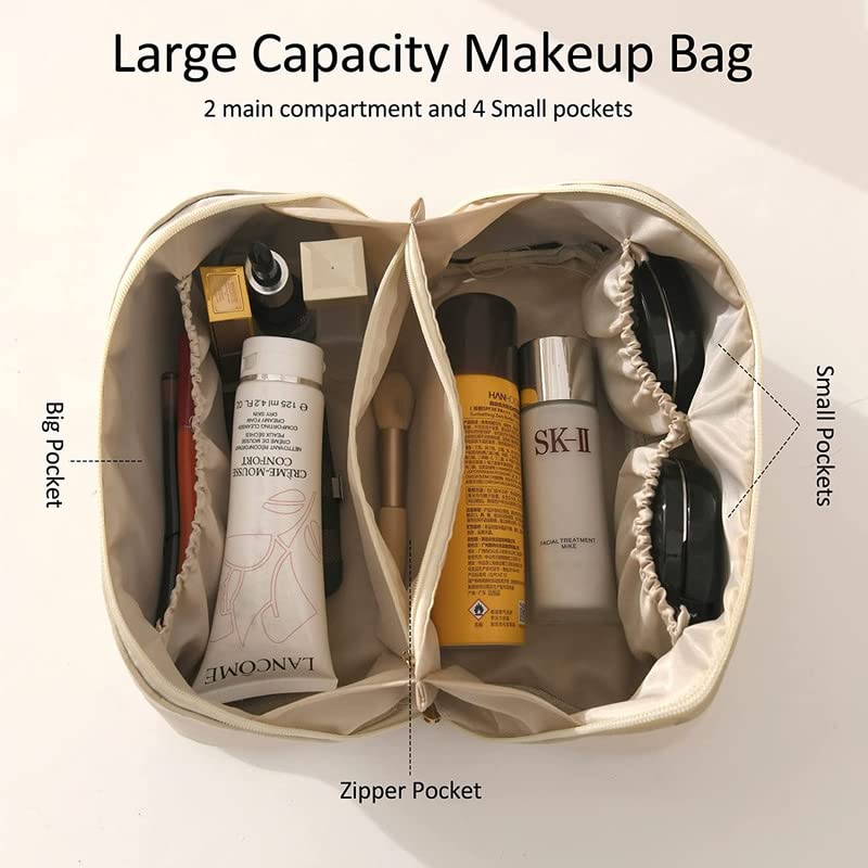 VEHTRI Large Capacity Waterproof Leather Travel Cosmetic Bag - Flat Opening Makeup Organizer with Handle & Divider for Easy Access | Perfect for Vacation, Business Trips & Daily Toiletry Storage