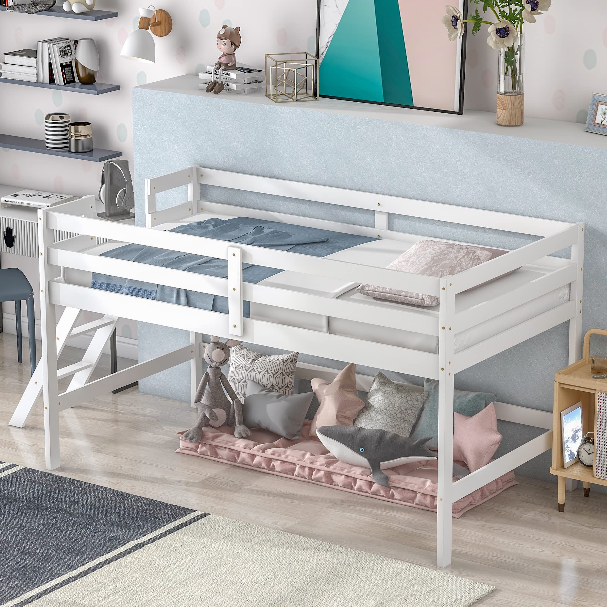 LoLado Twin Loft Bed for Kids - Solid Wood Sturdy Low Loft Bed Frame with Ladder & Safety Rails - No Box Spring Needed - Easy Assembly - Perfect for Small Bedrooms, Dorm Rooms & Kids' Rooms (White)