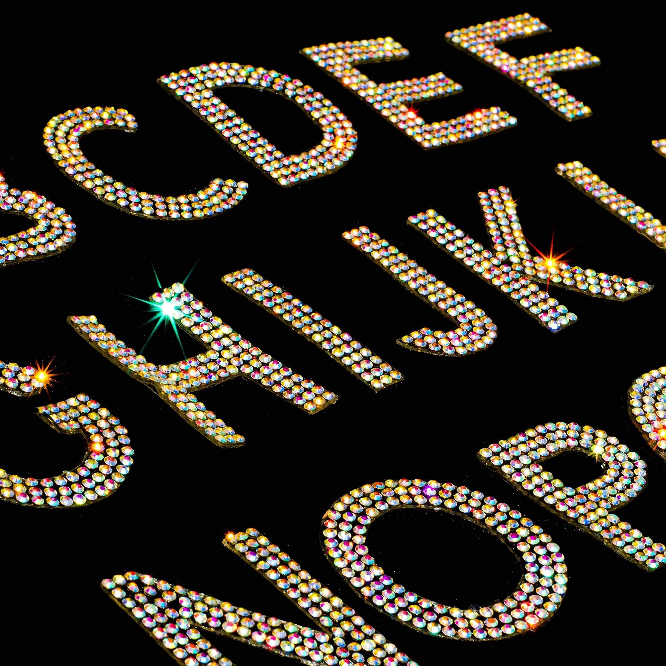 Locacrystal 34Pcs Bling Rhinestone Alphabet Stickers A-Z - Self-Adhesive Iron-On Crystal Letters for DIY Crafts, Clothing, Cars & Home Decor (Crystal AB) - Perfect for Customizing T-Shirts, Hats, Scrapbooks & Party Decorations