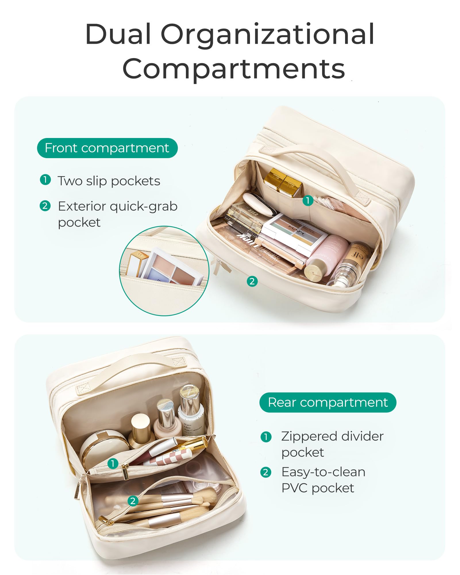 BAGSMART Large Travel Makeup Bag for Women - Spacious Cosmetic Organizer with Wide Opening, Perfect for Travel Essentials, Toiletries, Brushes & Bottles | Portable Makeup Case for Vacation, Business Trips & Daily Use (Champagne)