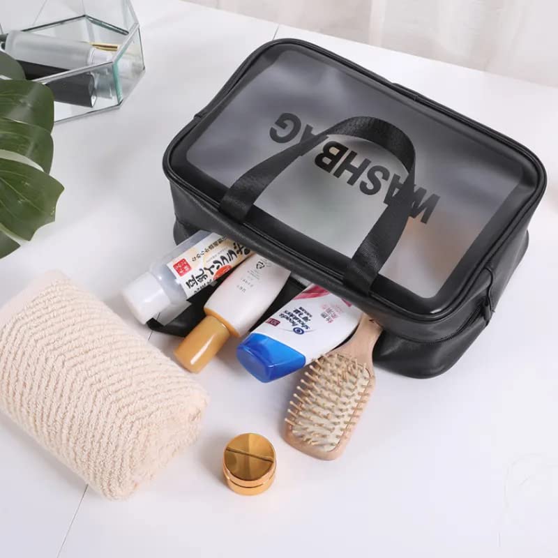 VALAMJI Waterproof Transparent Cosmetic Bag - Travel Toiletry Organizer with Zipper & Handle, Washable Makeup Pouch for Women & Girls (1PC, Black) - Perfect for Air Travel, Gym, Beach & Daily Essentials Storage