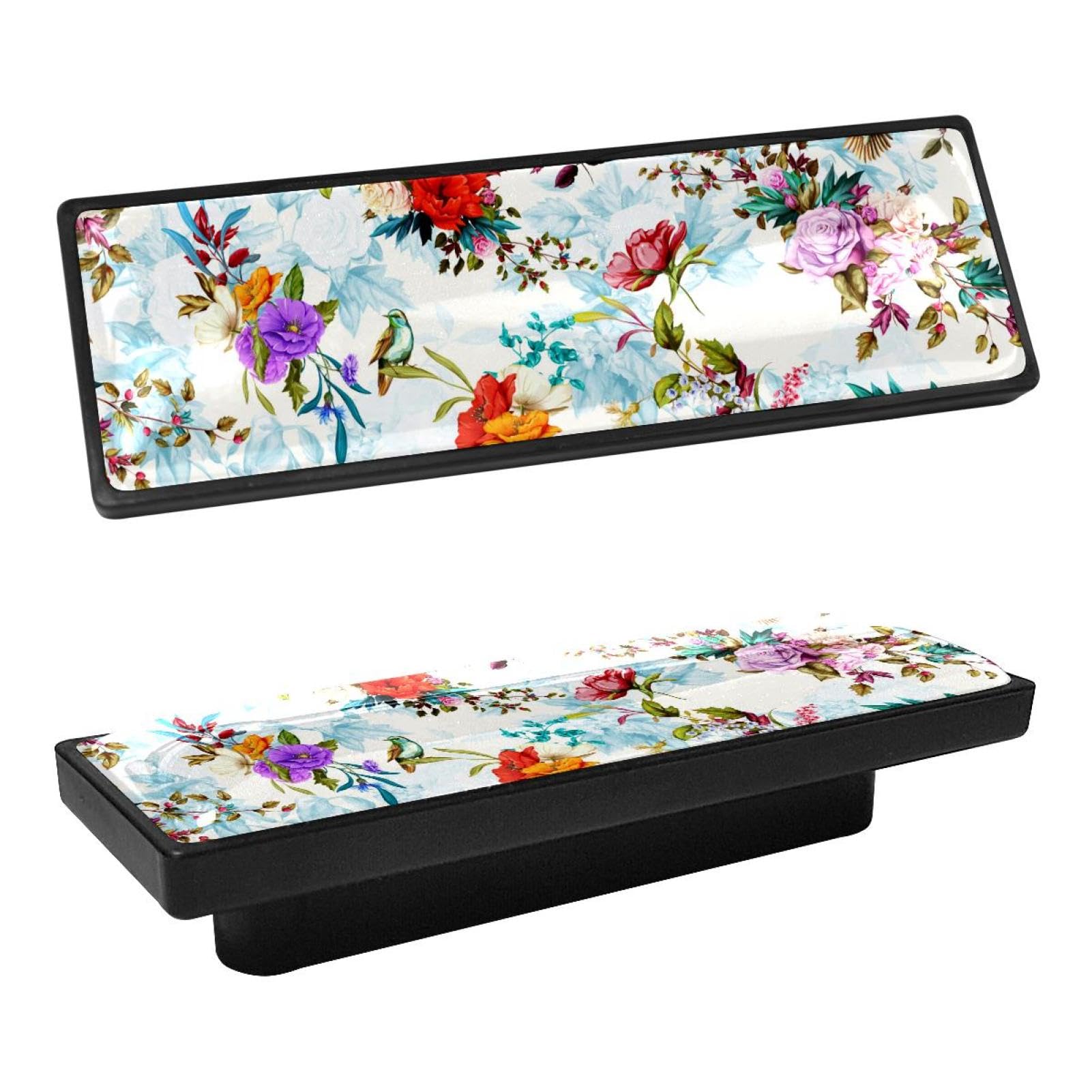 Vintage 4-Piece Rectangle Cabinet Handles - Kitchen Drawer Pulls with Floral & Bird Designs | Durable Cabinet Knobs for Home, Office & RV Renovation