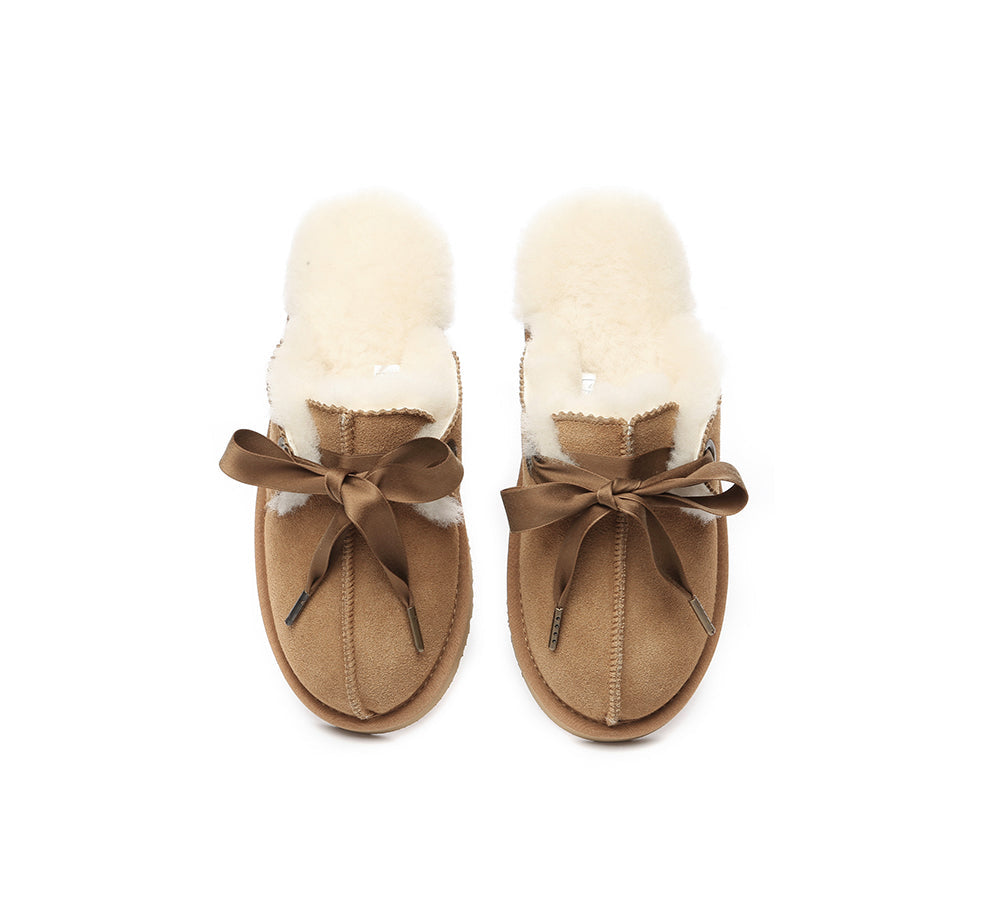 Australian Shepherd® Women's UGG Slippers - Genuine Sheepskin Wool House Shoes with Adjustable Ribbon Bow in Ruby Red | Cozy Indoor & Outdoor Winter Comfort for Home, Office and Travel
