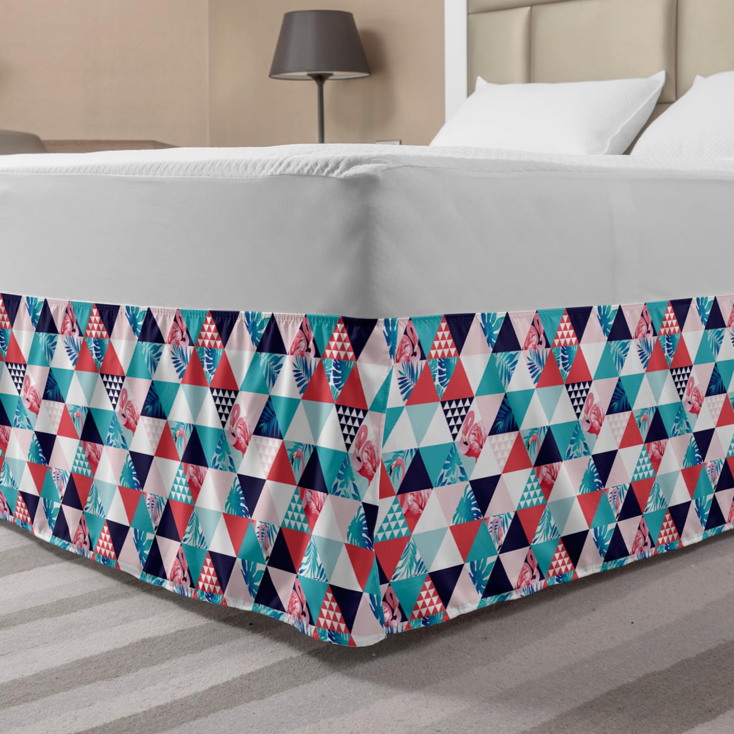 Ambesonne King Size Elastic Bed Skirt with Flamingo & Geometric Triangle Design - Exotic Beach Mosaic Pattern Wrap Around Dust Ruffle for Bedroom Decor - Perfect for Coastal, Tropical or Boho Chic Home Styling