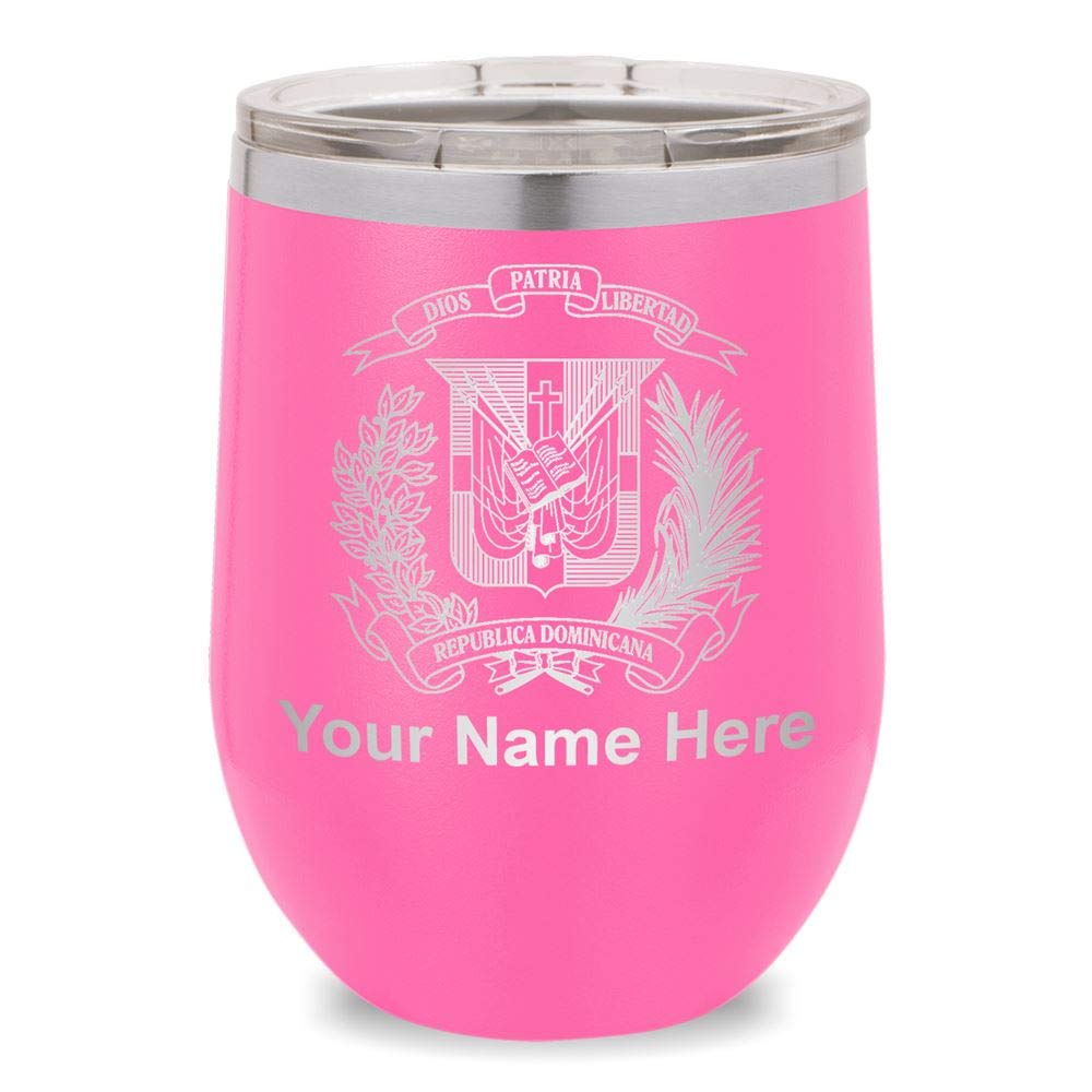 **LaserGram Double Wall Insulated Stainless Steel Wine Glass Tumbler - Personalized Engraved Coat of Arms Dominican Republic Design, 20oz, Pink - Perfect for Gifts, Parties & Outdoor Dining**