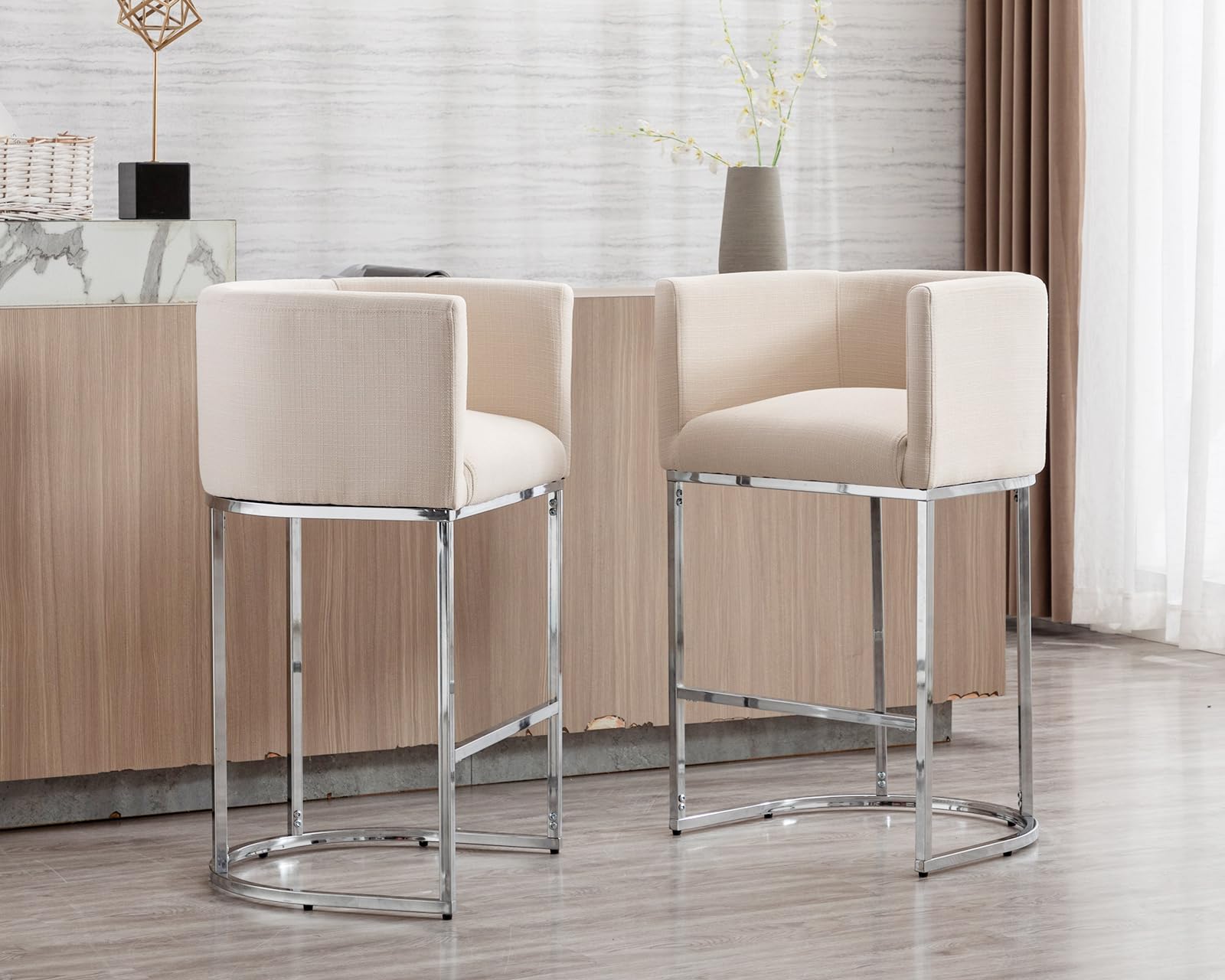 Modern Cream Linen Upholstered Counter Height Stools Set of 2 - 29 Inch Kitchen Island Bar Stools with Chrome Metal Frame - Perfect for Breakfast Nooks, Kitchen Islands & Home Bars