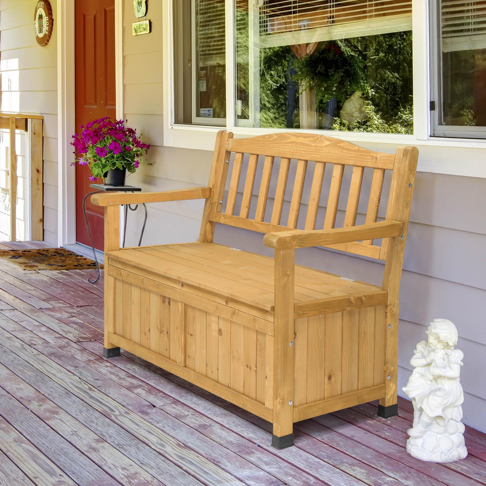All-Weather Wooden Storage Bench Deck Box with Armrests - Outdoor Patio Furniture for Deck, Backyard & Porch - Organize Tools, Toys & Cushions - Bright Yellow Weatherproof Storage Chest for Garden & Poolside Use