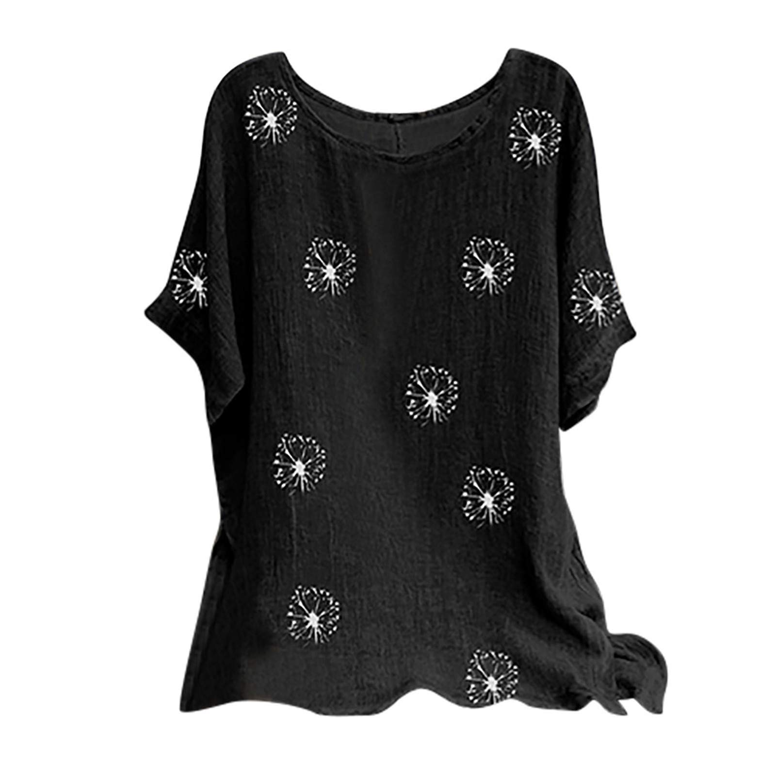 LATINDAY Women's Cotton Linen T-Shirts - Short Sleeve Round Neck Casual Loose Tunic Tops Blouse for Summer, Travel & Everyday Wear