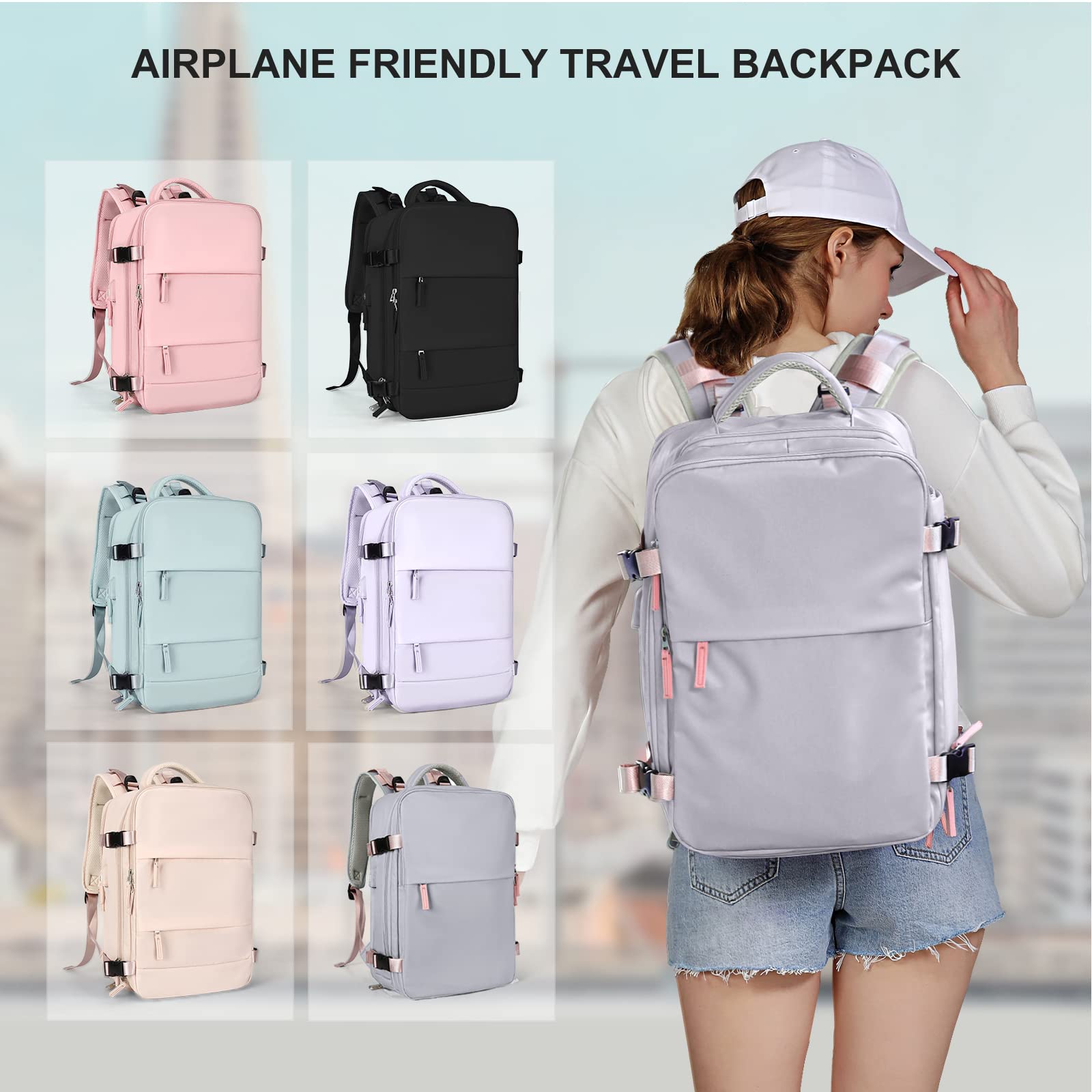 SEAFEW Women's Travel Backpack - 15.6 Inch Flight Approved Carry On Backpack, Waterproof Hiking Daypack & Business Laptop Bag for Outdoor, Commuting & Air Travel - B4 Grey Purple