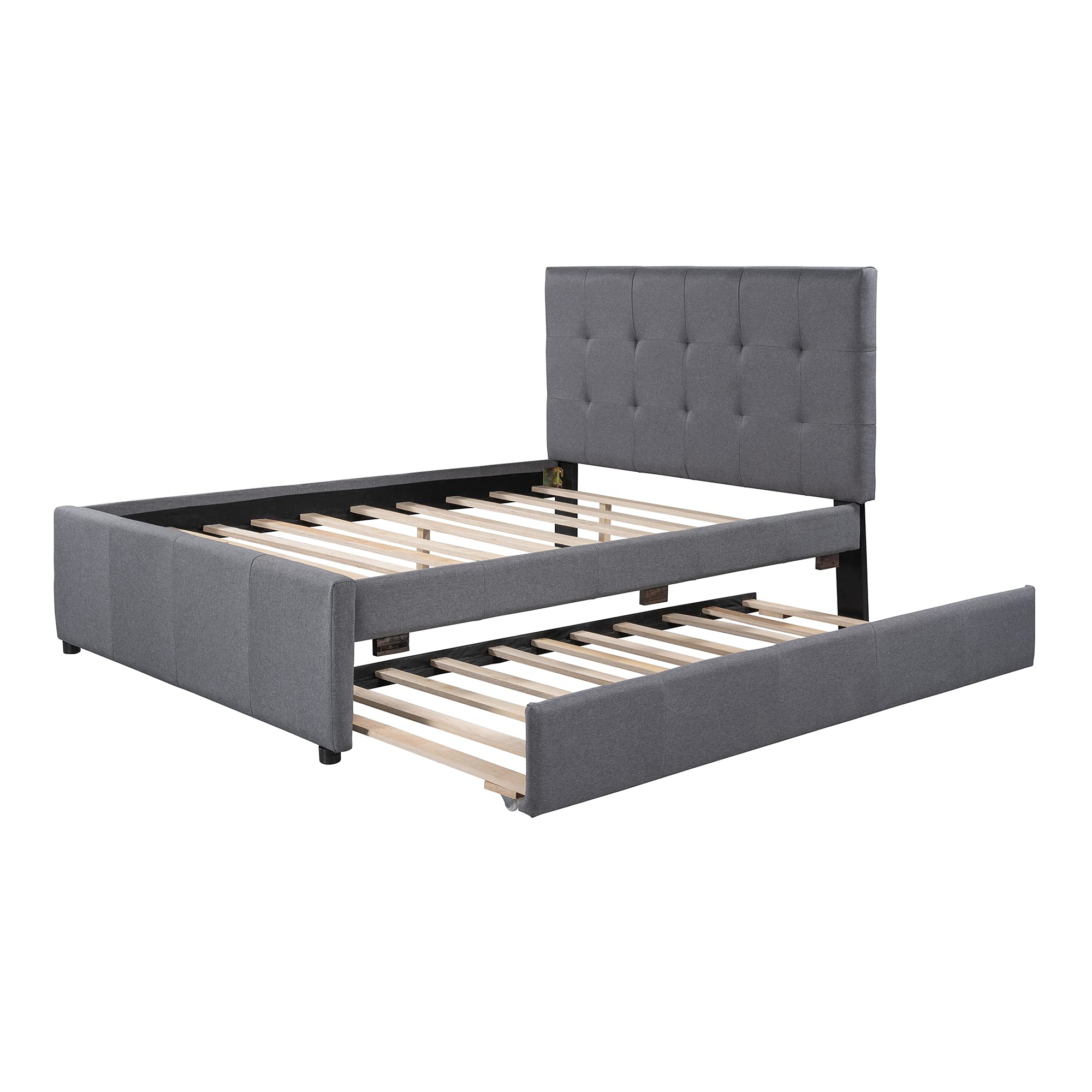 RUNNA Full Size Upholstered Platform Bed Frame with Trundle - No Box Spring Needed, Linen Fabric Headboard for Kids & Teens Bedroom - Perfect for Sleepovers, Small Spaces & Guest Rooms