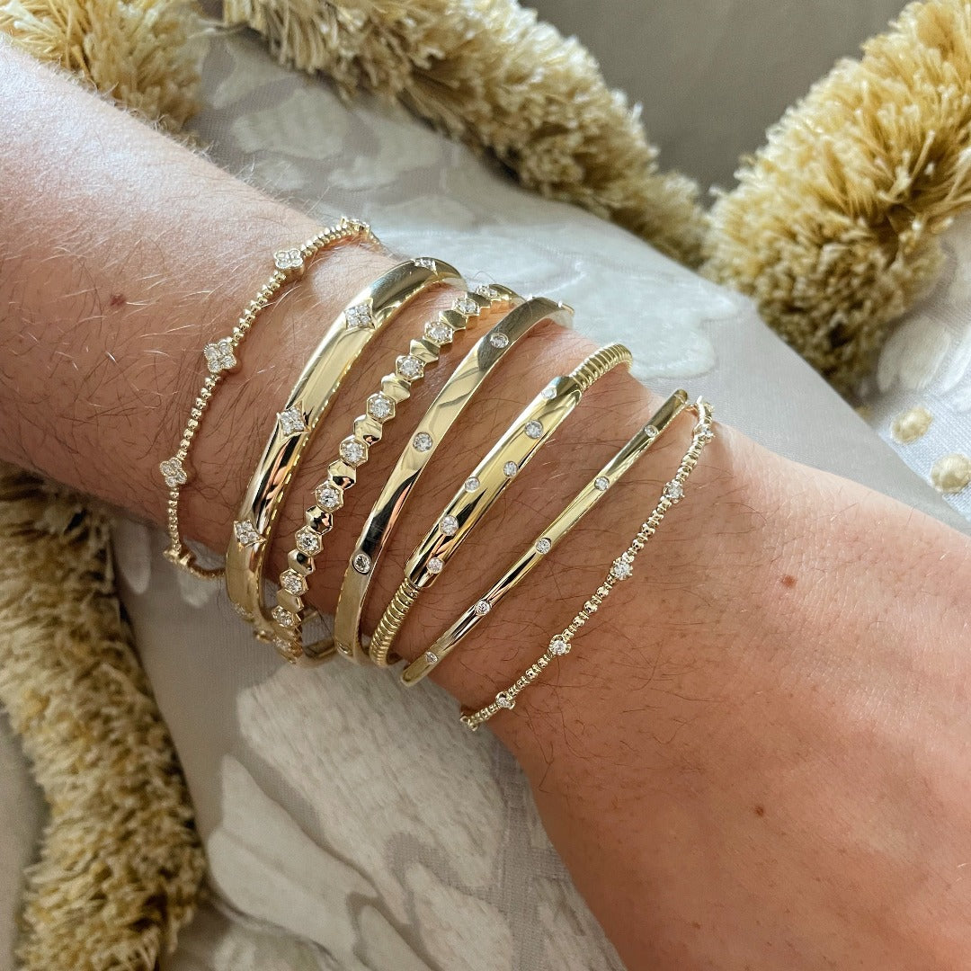 14K Yellow Gold Diamond Beaded Flexible Bangle Bracelet - 7 Station Elegant Jewelry for Women, Perfect for Weddings, Parties & Special Occasions