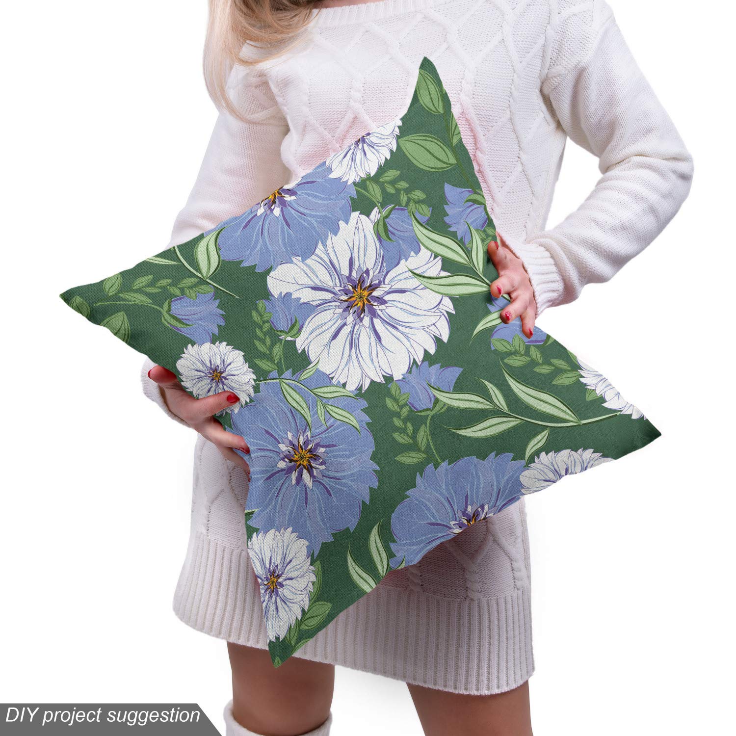 Ambesonne Floral Fabric by The Yard - Ceil Blue & White Meadow Flowers with Fern Green Leaves | Spring Garden Decorative Fabric for Upholstery, DIY Home Decor, Curtains & Table Runners | Perfect for Living Room, Bedroom & Craft Projects