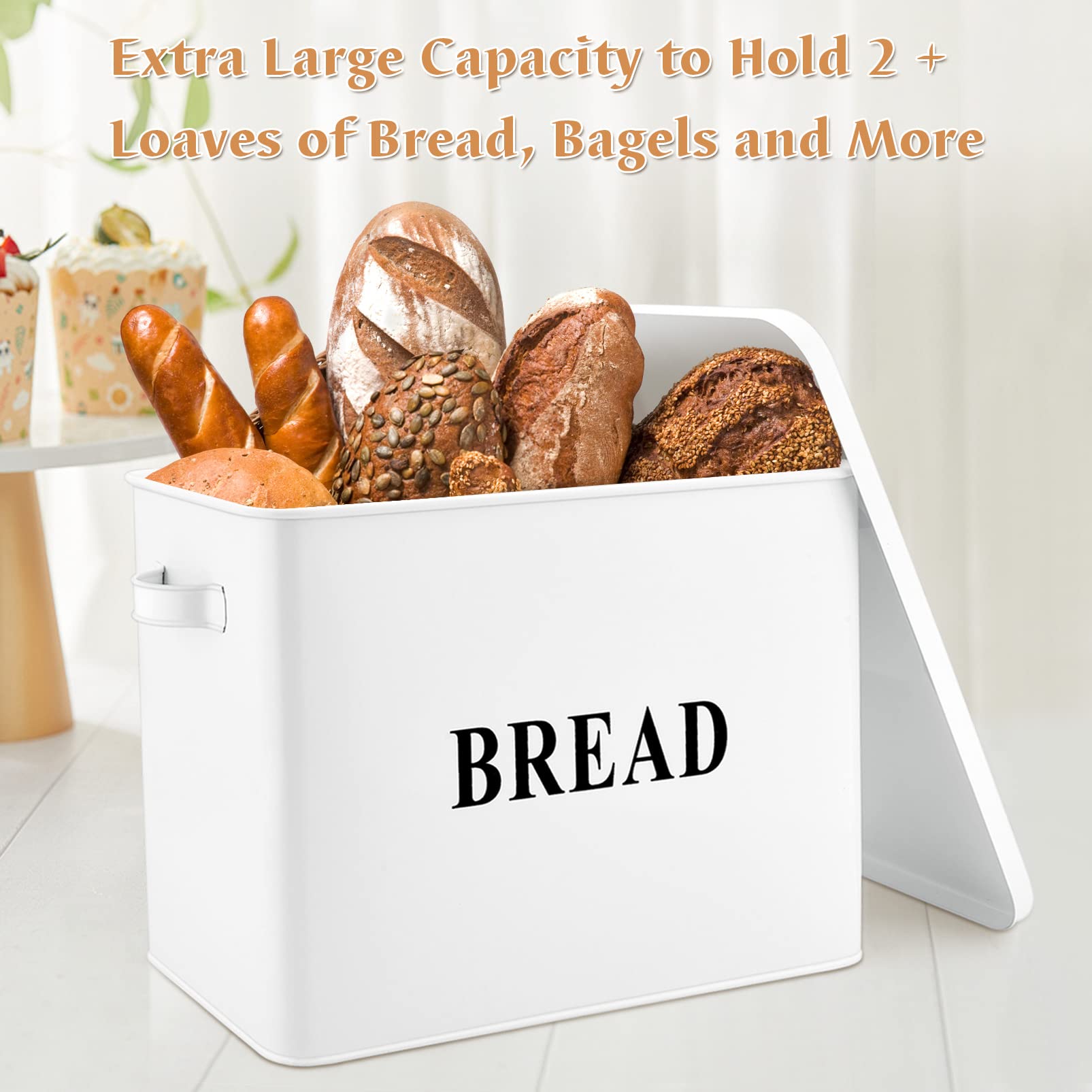 TeamFar Large Metal Bread Box for Kitchen Countertop – 13.1’’ x 11.8’’ x 7.3’’ Modern Farmhouse Bread Storage Container with Lid – Holds 2+ Loaves – Perfect for Bread, Baguettes & Pastries Storage in Home, Bakery or Café