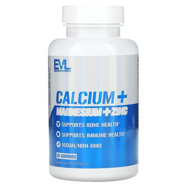 EVLution Nutrition Calcium Magnesium Zinc Supplement - 60 Tablets for Bone Health, Muscle Support & Immune Boost - Ideal for Athletes & Active Lifestyles