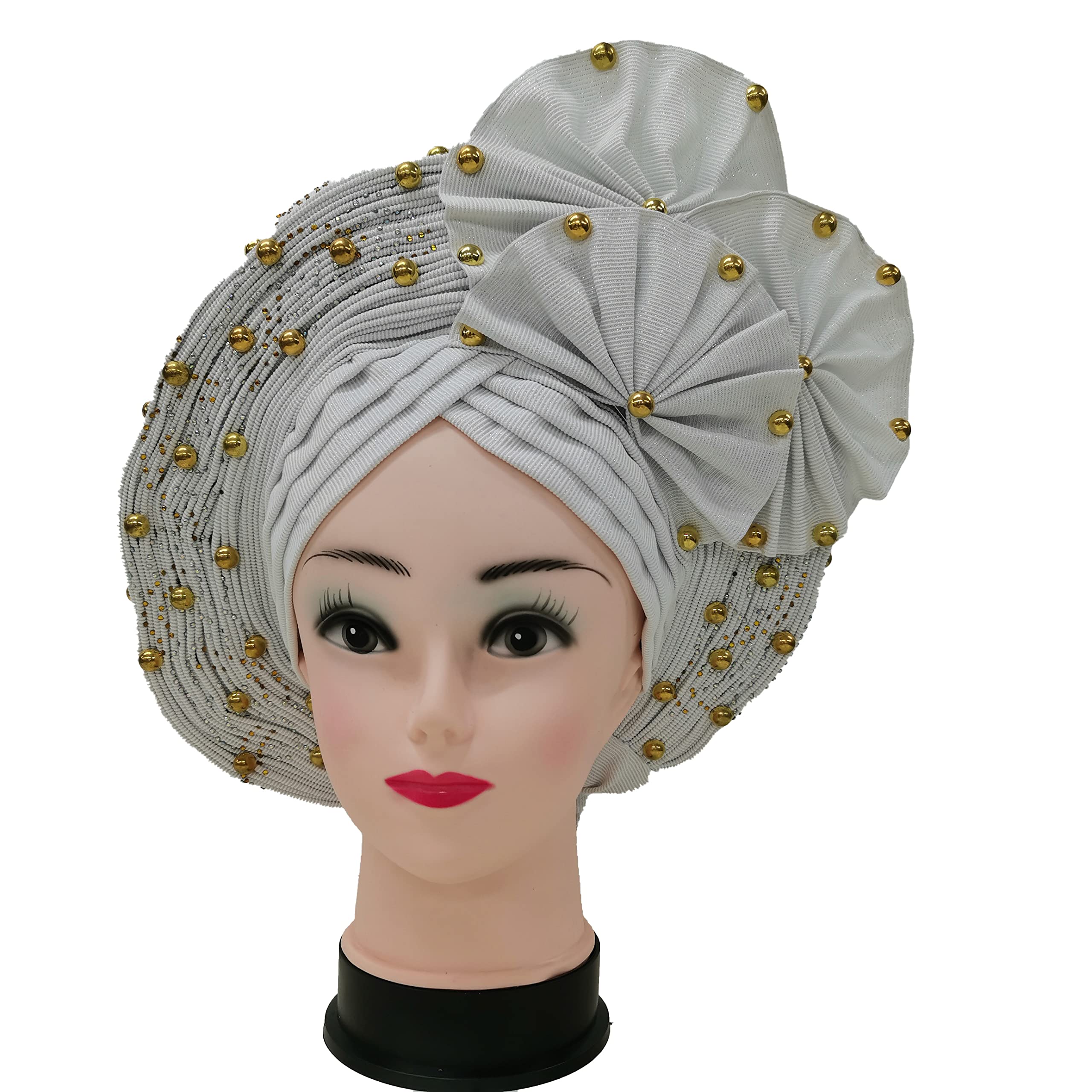 African Head Wrap Auto Gele Headscarf - Women's Fashion Turban with Beading for Weddings & Special Occasions | Nigerian Style Headband in White | Perfect for Bridal, Church, and Cultural Events