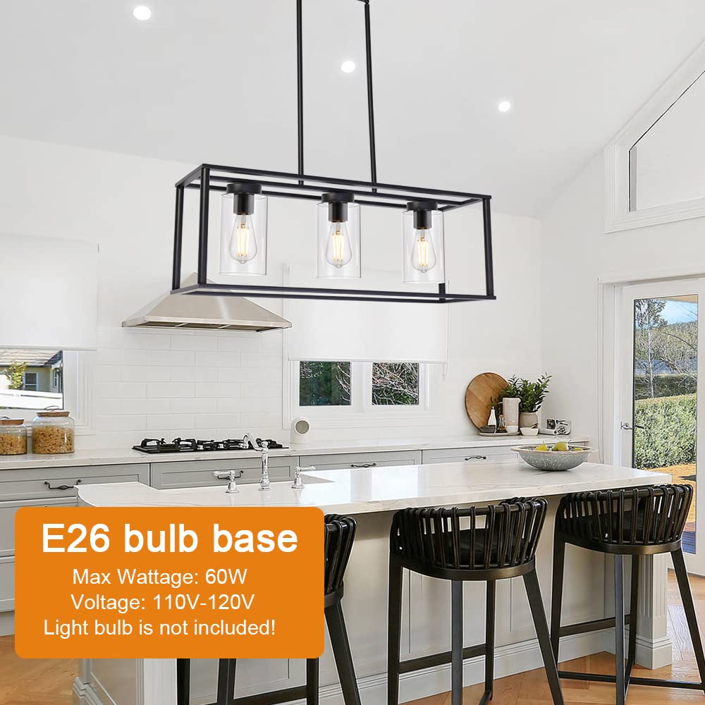VINLUZ 3-Light Black Modern Chandelier - Contemporary Linear Pendant Light for Dining Room, Kitchen Island, Farmhouse | Glass Shade Hanging Fixture | Perfect for Home Decor, Restaurant Lighting & Interior Design