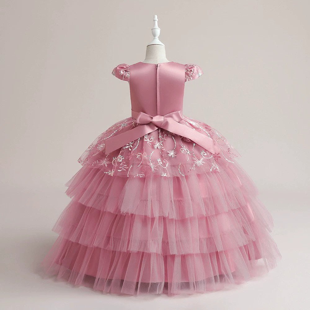 Pink Princess Round Floor Length Satin Flower Girl Dress for Weddings, Pageants & Special Occasions