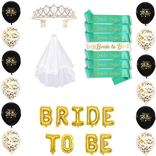 22-Piece Bridal Shower Decoration Set - Bride to Be Sash, Balloon Banner, Crown & Veil in Mint Green | Bachelorette Party, Bridesmaid Gifts & Wedding Decorations for Bridal Showers, Engagement Parties & Wedding Receptions