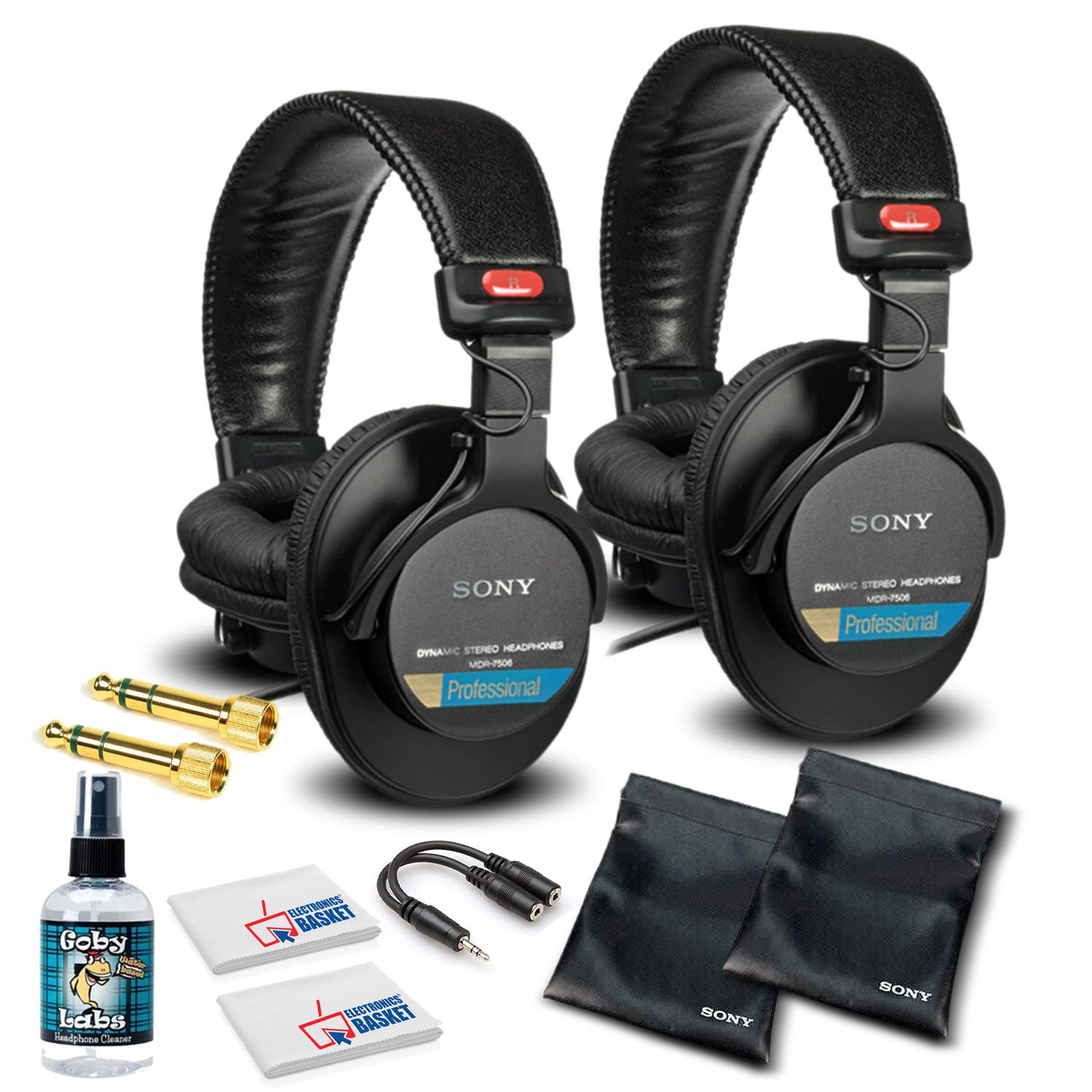 Sony MDR-7506 Professional Studio Headphones (2 Pack) with Cleaning Kit - Large Diaphragm, Noise Isolation for Recording, Mixing & Podcasting - Perfect for Musicians, DJs & Audio Engineers