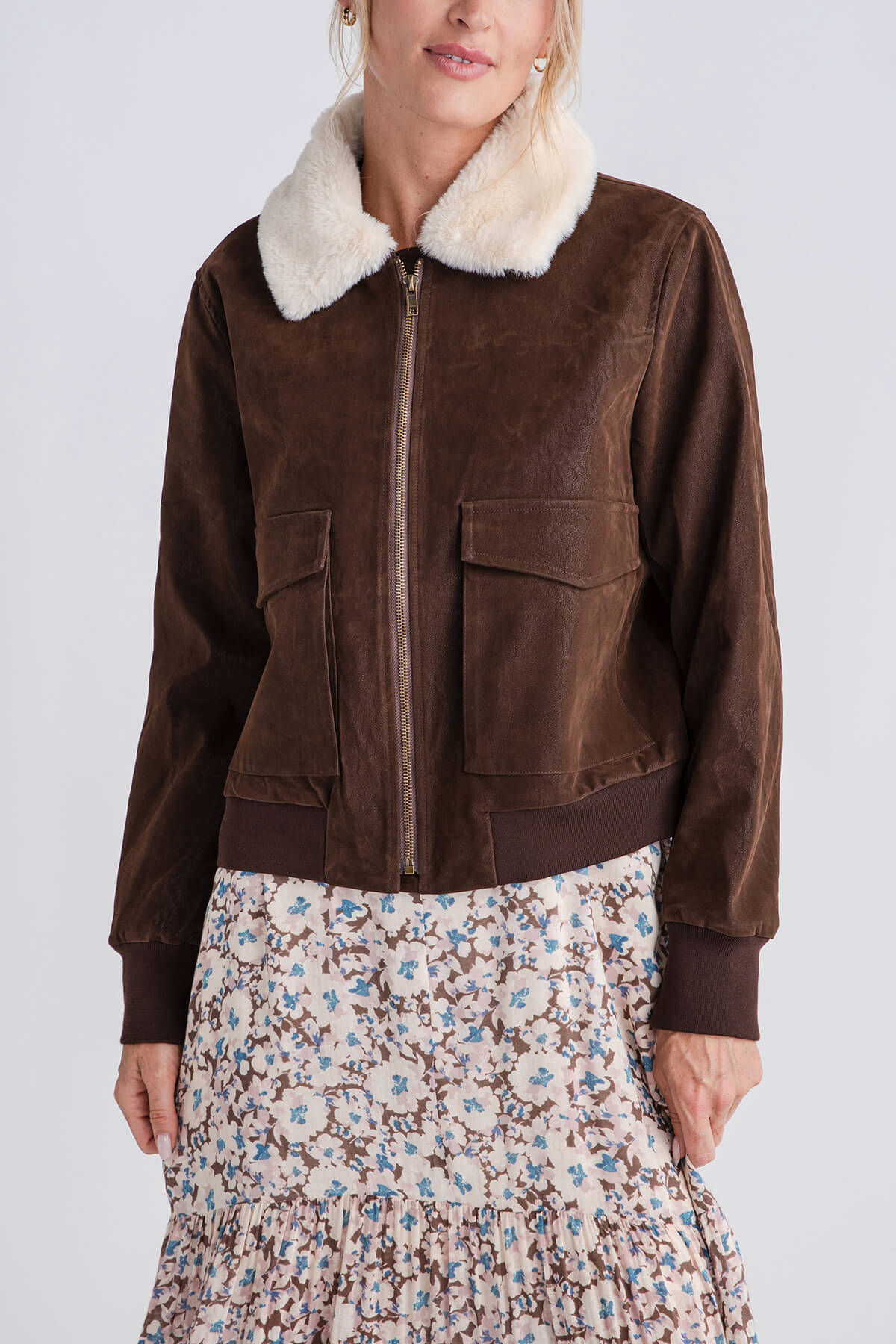Miou Muse Textured Faux Leather Bomber Jacket with Detachable Fur Collar - Stylish Winter Outerwear for Women | Perfect for Casual Outings & Night Out
