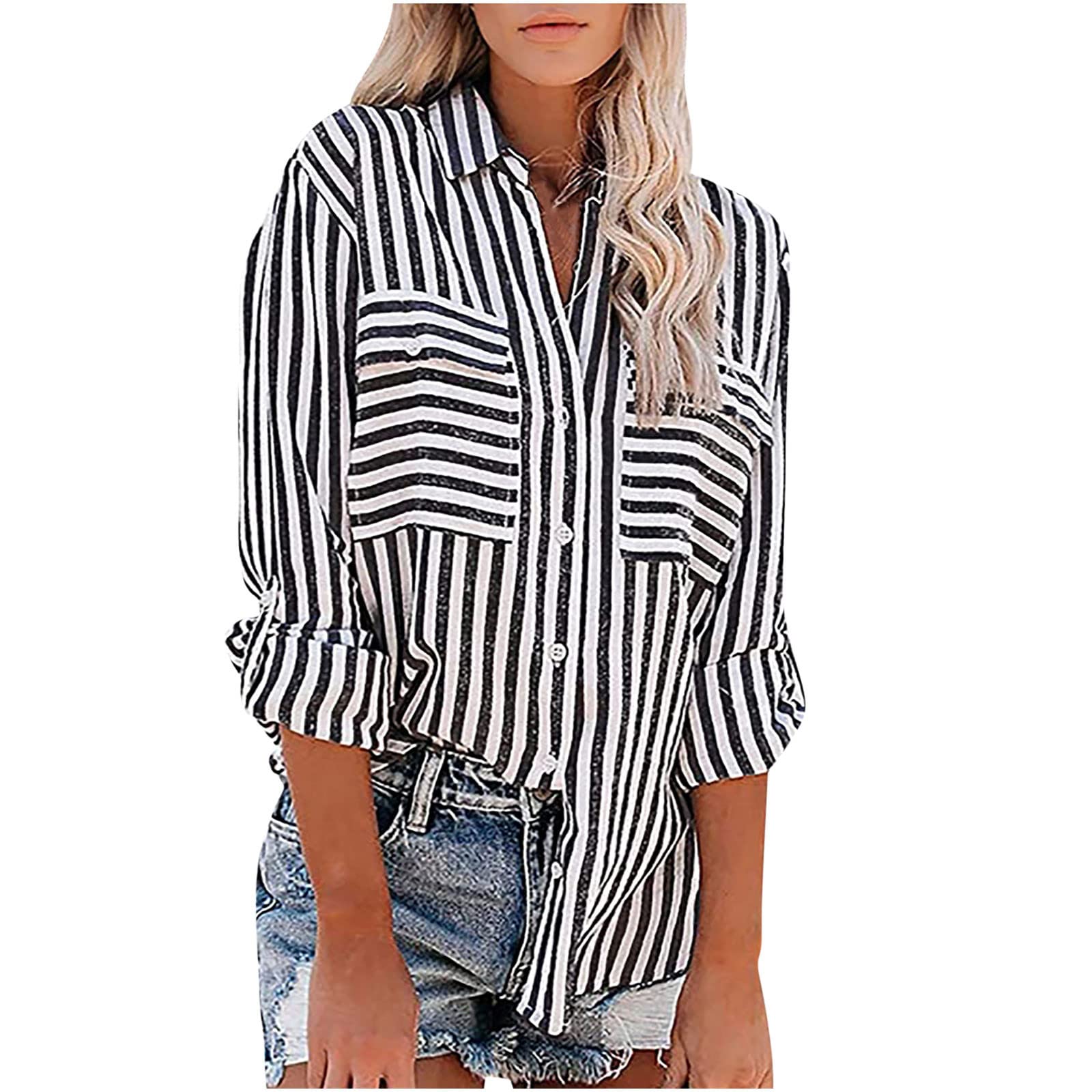 Women's Button Down Lapel Stripe Cotton Linen Shirt - Long Sleeve Blouse Top for Fall Fashion | Casual Office Wear & Everyday Outfits