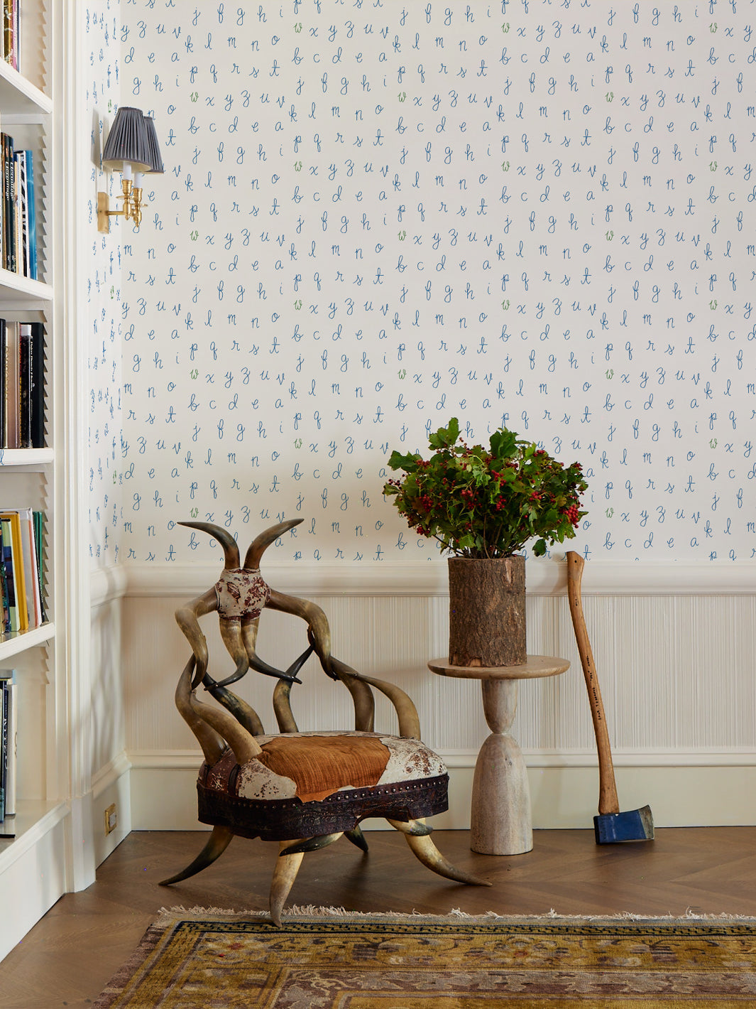 LF Alphabet Wallpaper by Lingua Franca - Lapis with Green Accent Letters | Modern Nursery Decor, Kids Room Wallpaper, Playroom Design
