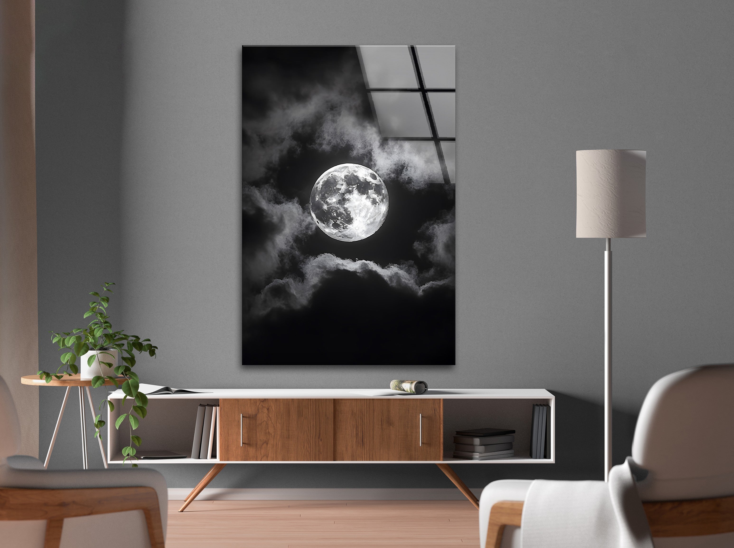 Black and White Moon Wall Art - Stunning Night Sky Scene Printed on Glass Canvas - Perfect for Living Room, Bedroom & Office Decor