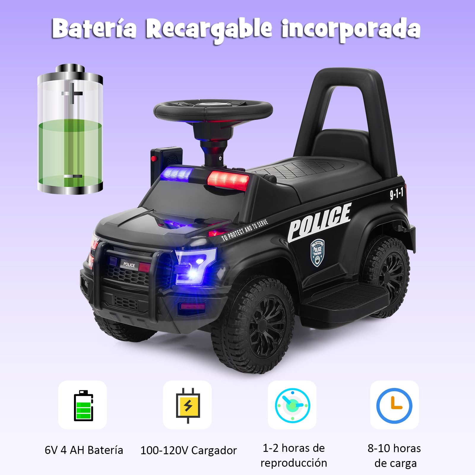 COSTWAY 6V Kids Electric Police Car with Side Megaphone, Horn, Alarm Light & Siren Sound - Wide Footrest Battery-Powered Ride-On Toy Vehicle for Children Ages 1.5-5 Years (Black) | Perfect for Outdoor Play, Birthday Gifts & Pretend Police Adventures