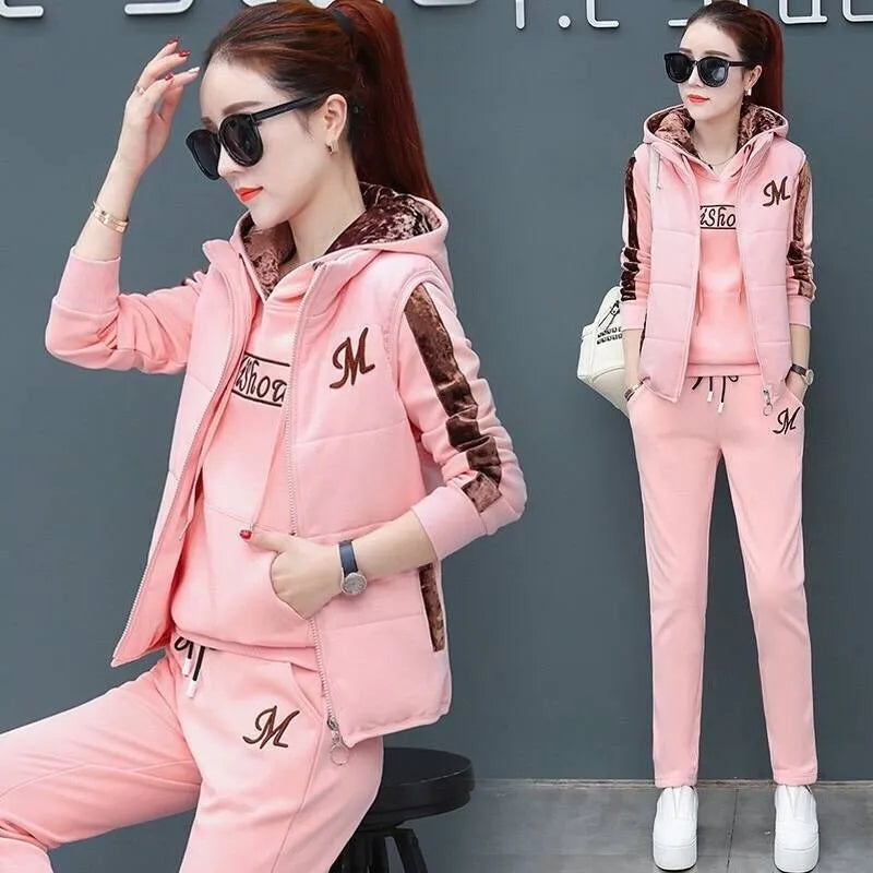 Women's Autumn Winter Casual Sweatpants Set - Plush Thickened Hoodie & Waistcoat 3-Piece Outfit | Cozy Lounge Wear for Home, Gym & Street Fashion