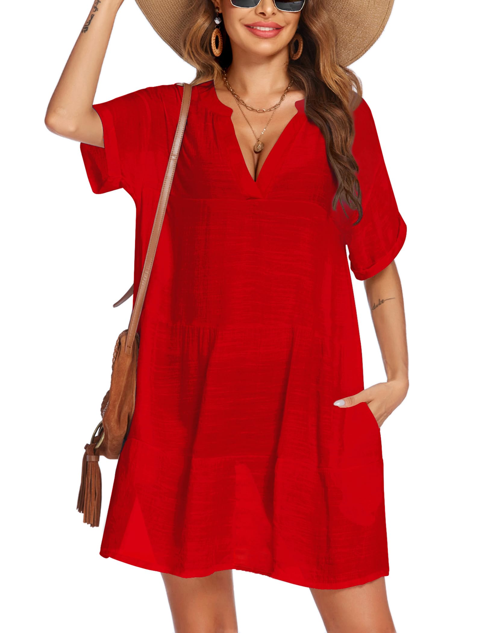 AI'MAGE Women's Swimsuit Cover Up Dress - Lightweight Bikini Beach Coverup with Pockets, A-Line Bathing Suit Dress for Pool, Vacation & Summer Outfits