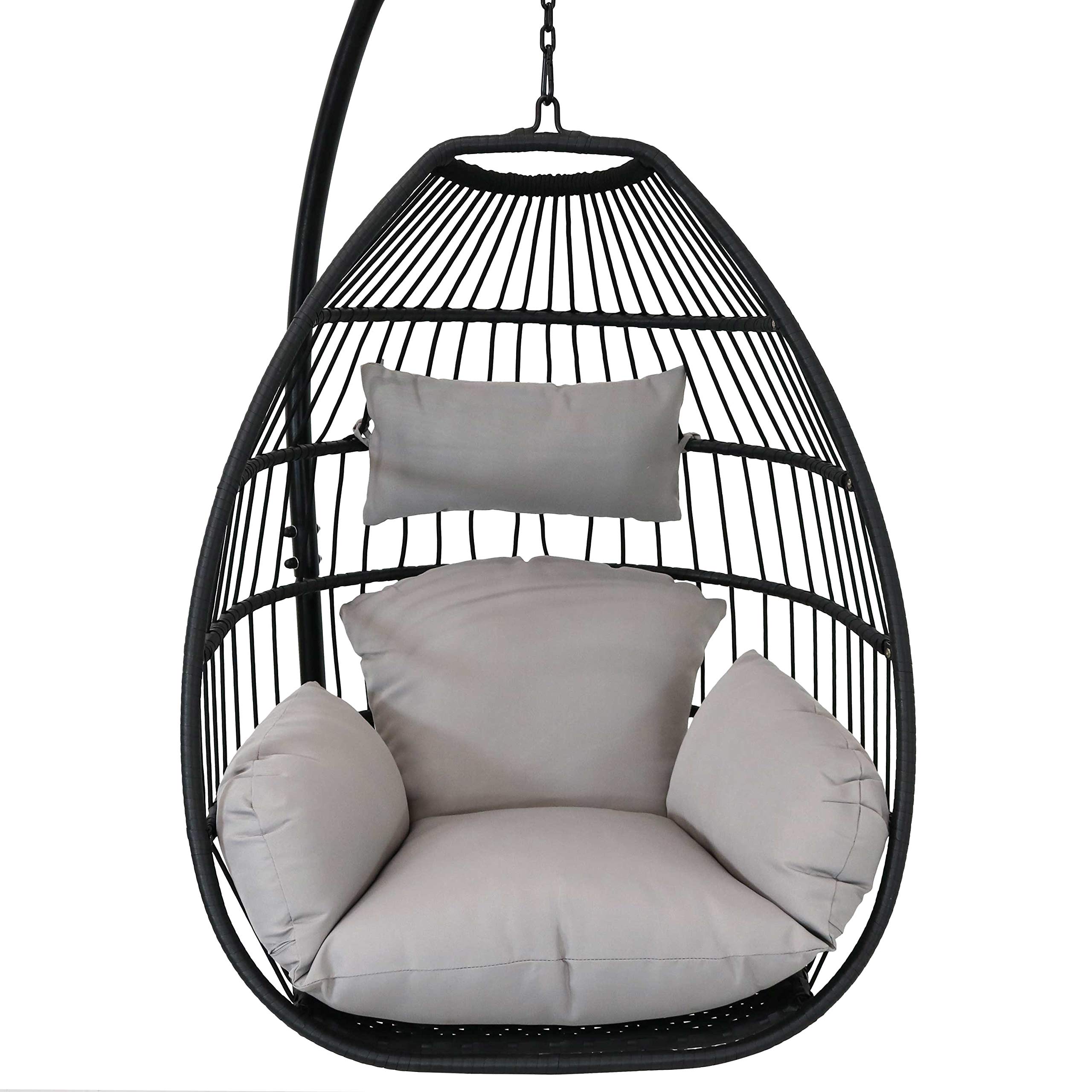 Sunnydaze Delaney Black Resin Wicker Hanging Egg Chair with Powder-Coated Steel Stand & Gray Polyester Cushions - 81