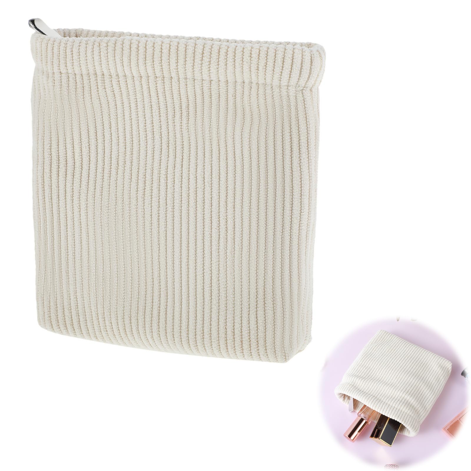 Corduroy Mini Makeup Bag for Women - Small Cosmetic Pouch, Travel Toiletry Organizer & Coin Purse - Portable Cream White Handbag for Daily Use, School, Office & Travel Accessories Storage