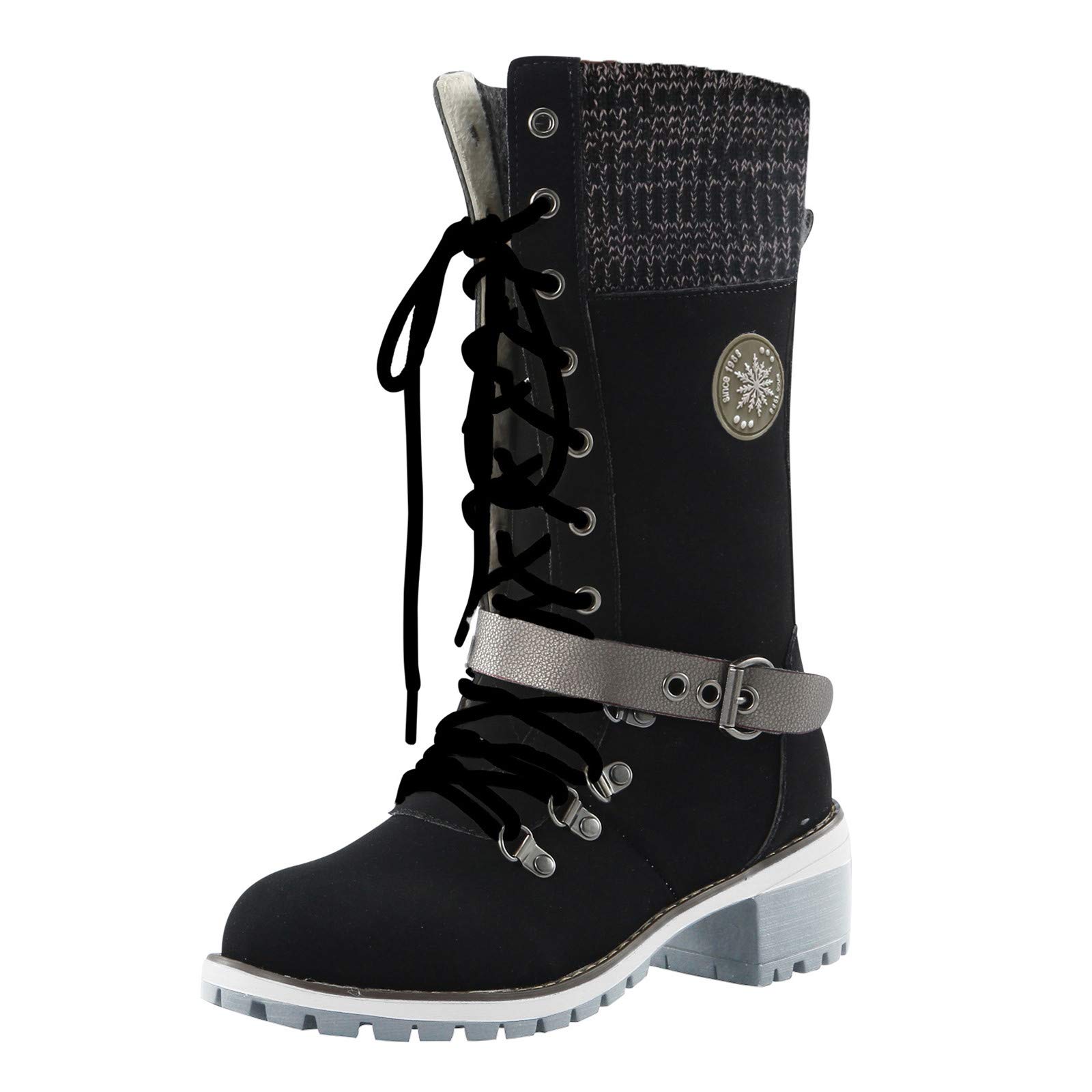 Teshalay Women's Winter Fashion Boots - Retro Suede Lace-Up Round Toe Long Boots with Buckle Wedge Heel | Platform Casual Shoes for Cold Weather, Outdoor Walking & Street Style