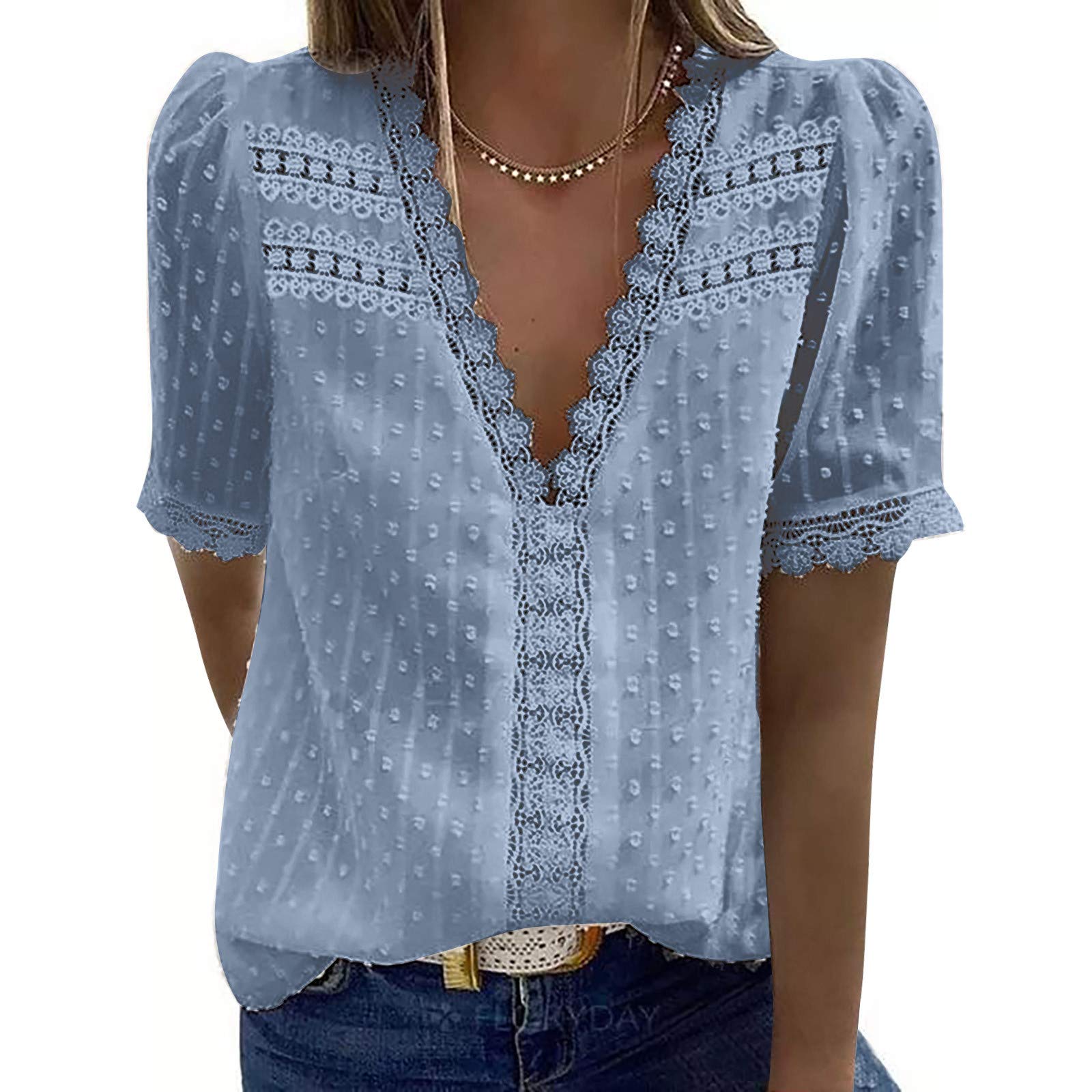 BISXOTY Women's Lace Tops - Casual Baggy Solid Color Lace Splicing Shirts, Jacquard Trendy V-Neck T-Shirt (White) | Perfect for Summer Outfits, Date Nights & Office Wear