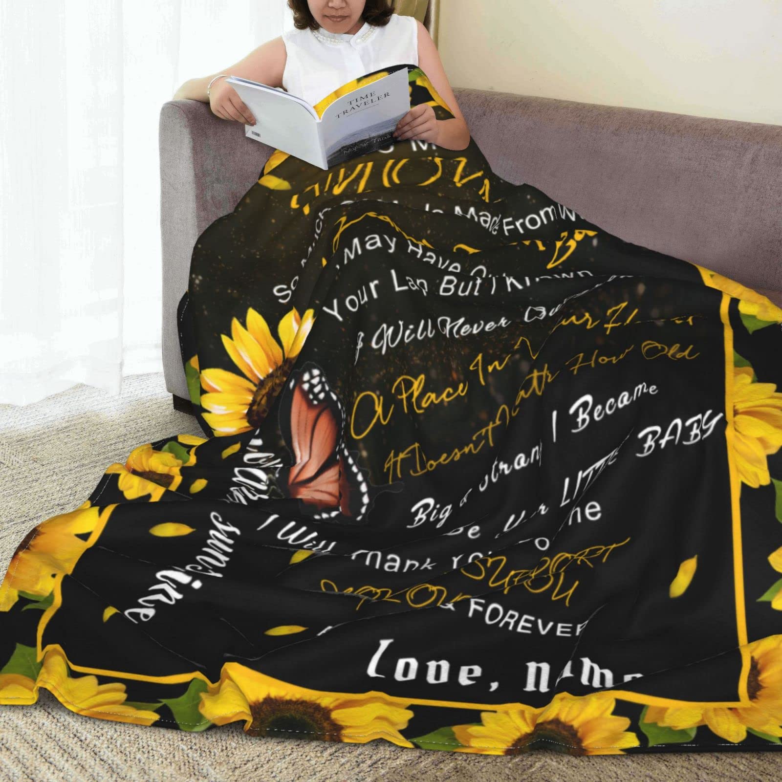 Personalized Custom Name Blanket - Love Letter to Mom from Son & Daughter - Butterfly & Sunflower Design - 40x50 Inches Bed Throw - Perfect Gift for Mother's Day, Birthday & Christmas